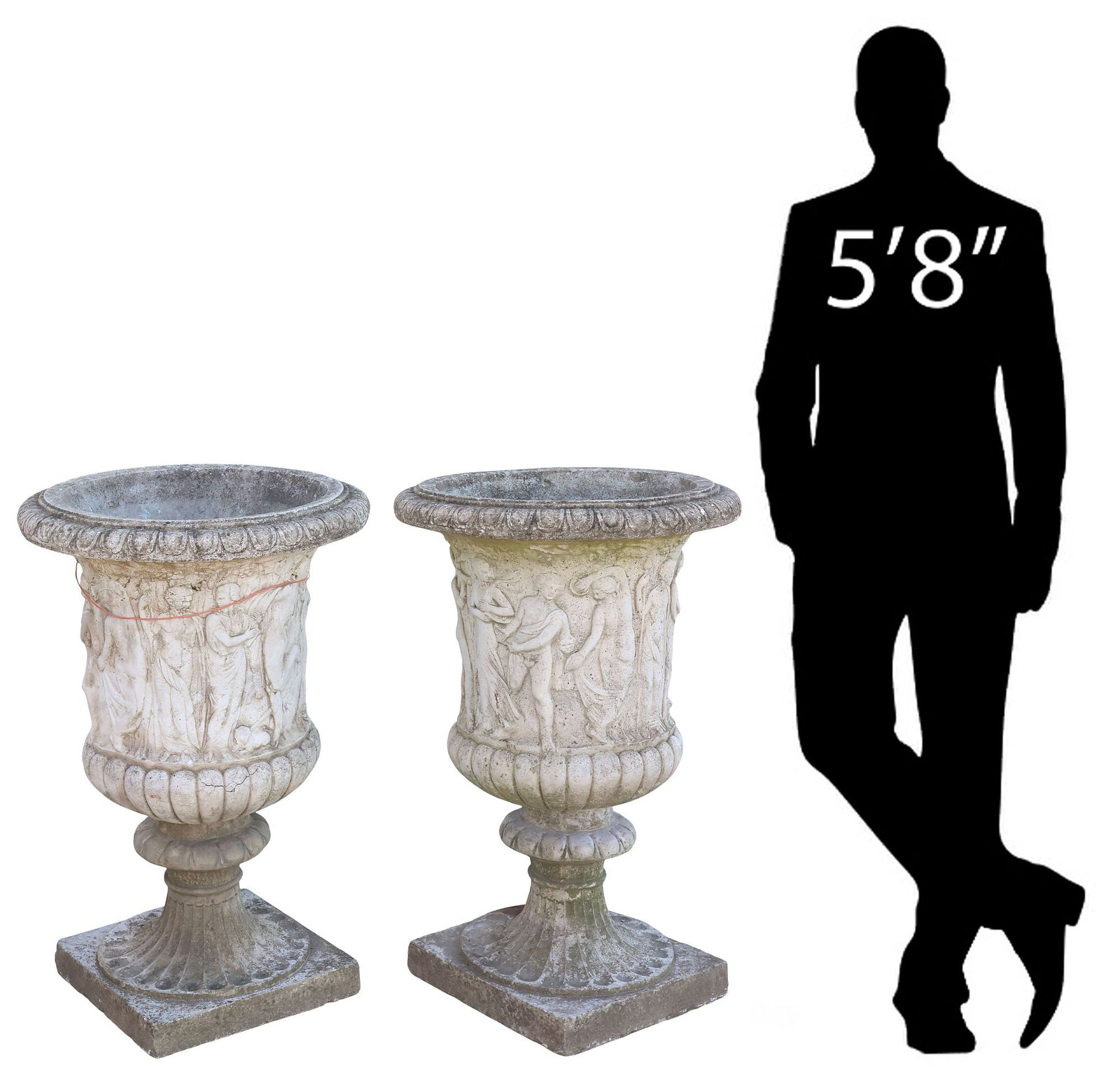 (2) LARGE CLASSICAL STYLE CAST STONE CAMPANA GARDEN URNS, 37"H: (pair) Cast stone garden urns, each of campana form, the body with Classical style figural narrative scene and lower lobing, integral socle ending on square plinth, approx 37"h, 27"diam **PLEASE NOTE: