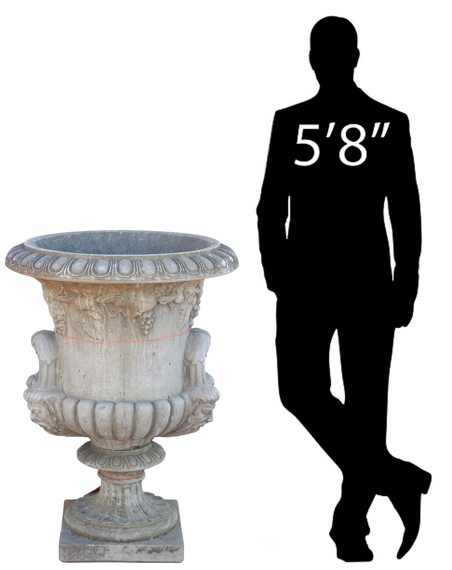 LARGE ENGLISH H. CROWTHER CAST STONE GARDEN URN, 39.5"H: English cast stone garden urn on plinth, H. Crowther Limited, 20th c., of campana form, with grapevine motifs, grotesque joins at handles, rising on integral socle, weathered maker's mark to upper int