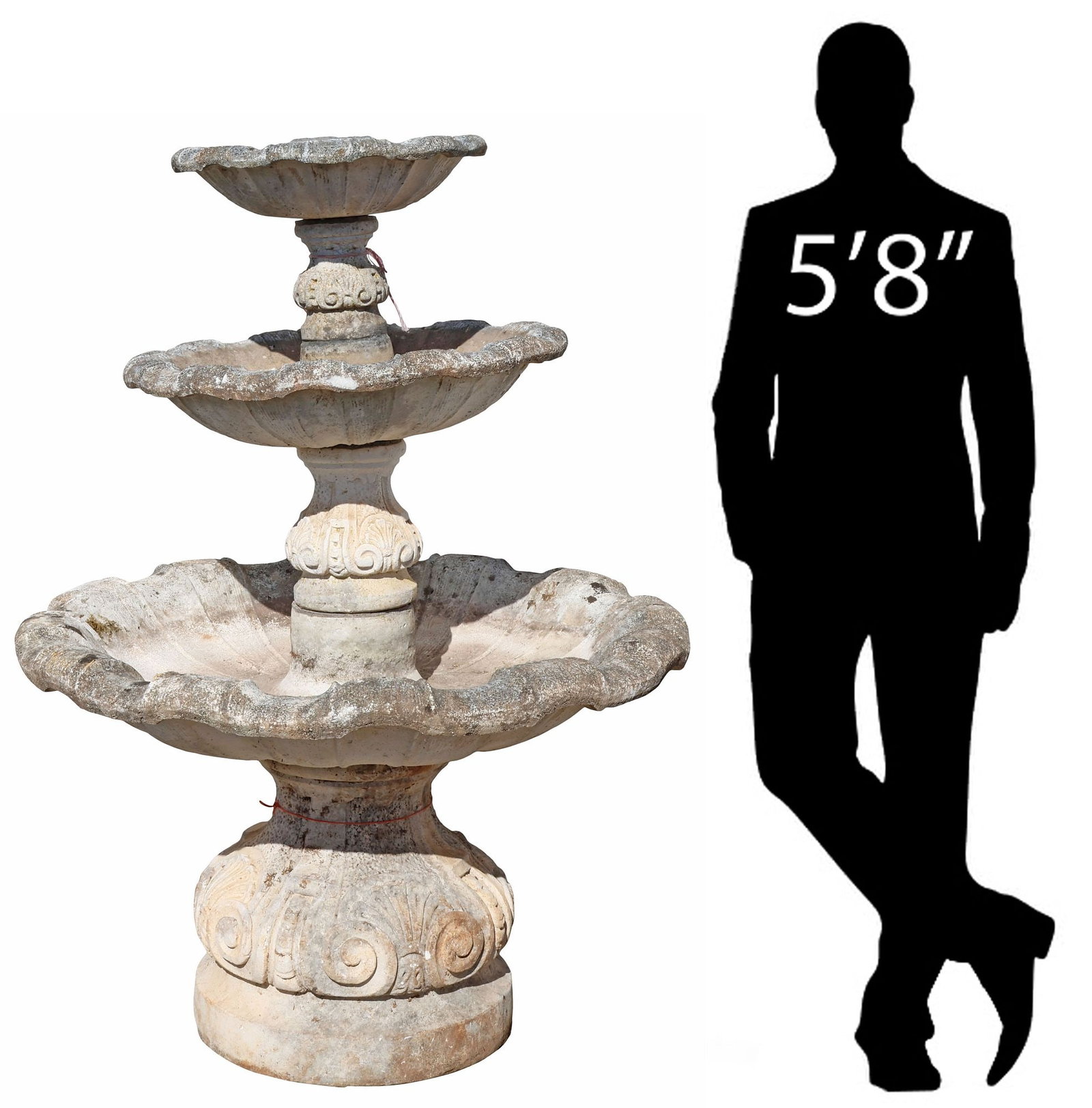 MONUMENTAL ENGLISH CAST STONE 3-TIER GARDEN FOUNTAIN, 65"H: Monumental English cast stone garden fountain, having three graduated shell-shaped tiers, rising on bulbous scalloped base with scroll motifs, approx 65"h, 46"diam **Note: one of a near-pair offered i