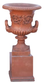LARGE TERRACOTTA-PAINTED CAST STONE CAMPANA GARDEN URN ON PLINTH, 47"H