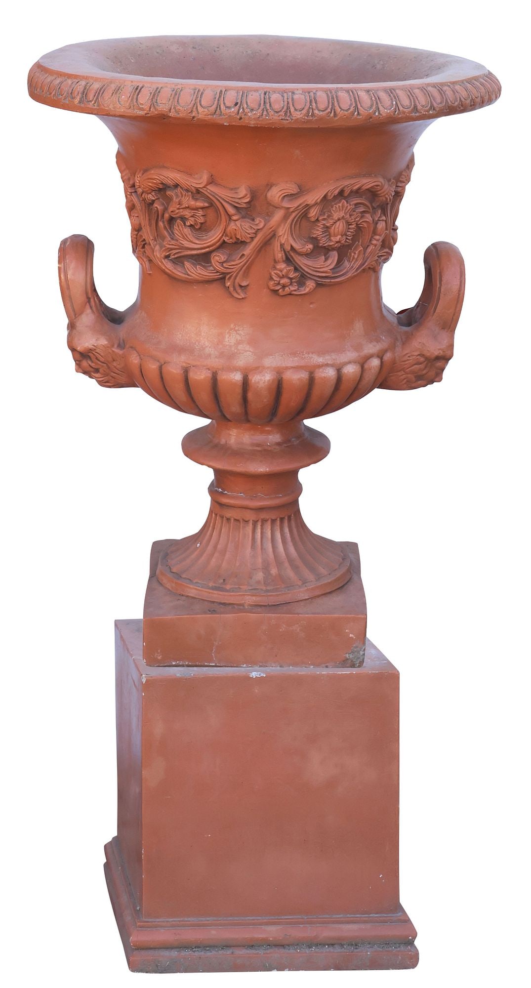 LARGE TERRACOTTA-PAINTED CAST STONE CAMPANA GARDEN URN ON PLINTH, 47"H (1 of 4)