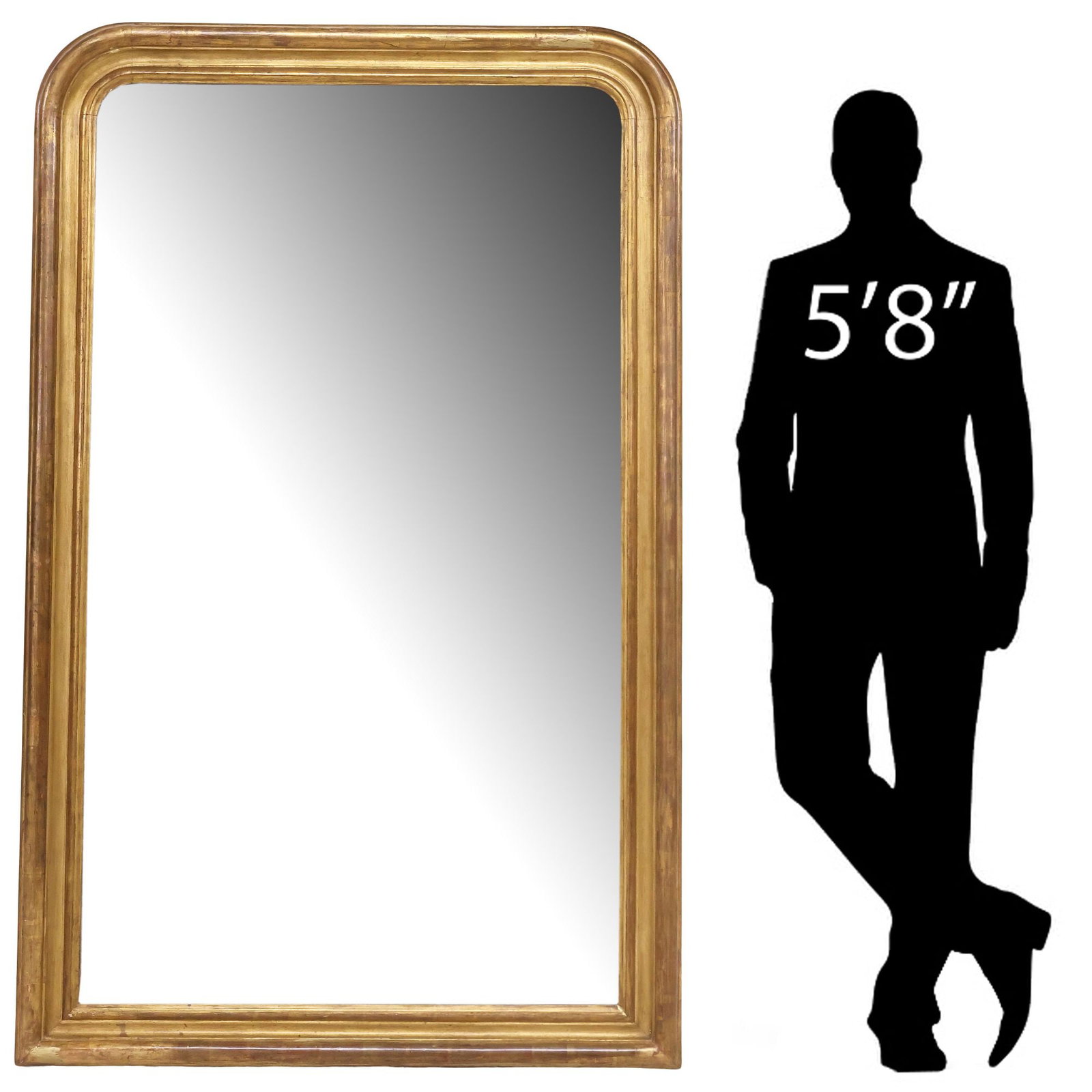 LARGE FRENCH LOUIS PHILIPPE PERIOD GILTWOOD WALL MIRROR, 75.5"H: Large French Louis Philippe period giltwood wall mirror, mid 19th c., having arched frame, encasing flat mirror plate, scattered silver loss to mirror plate, approx 75.5"h, 47"w, 85lbs
