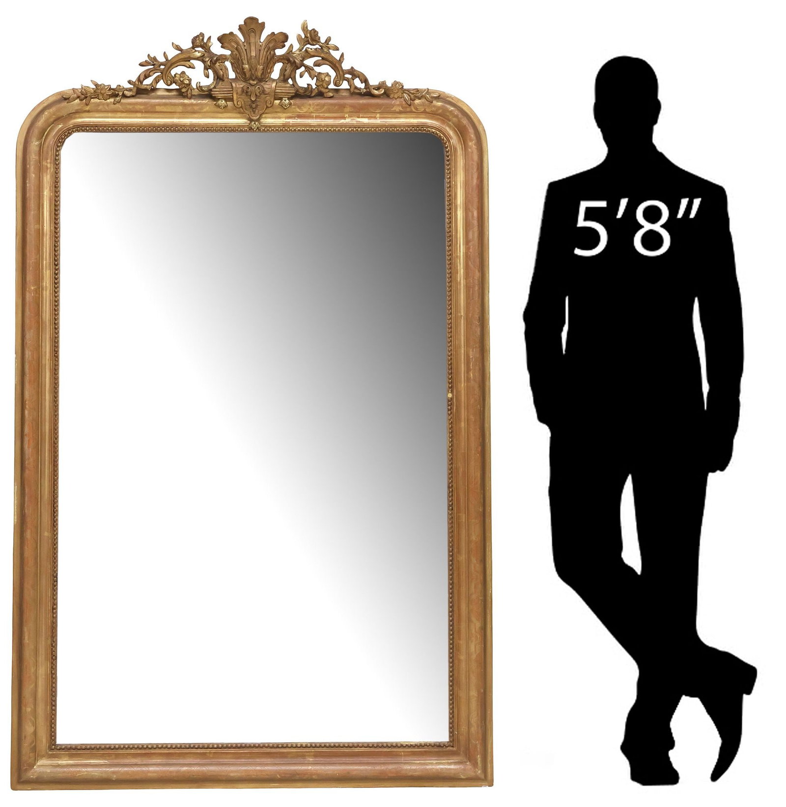LARGE FRENCH LOUIS PHILIPPE PERIOD GILTWOOD WALL MIRROR, 73"H: Large French Louis Philippe period giltwood wall mirror, mid 19th c., having fanned foliate crest, over arched frame with beaded trim, encasing later flat mirror plate, approx 73"h, 45.25"w,