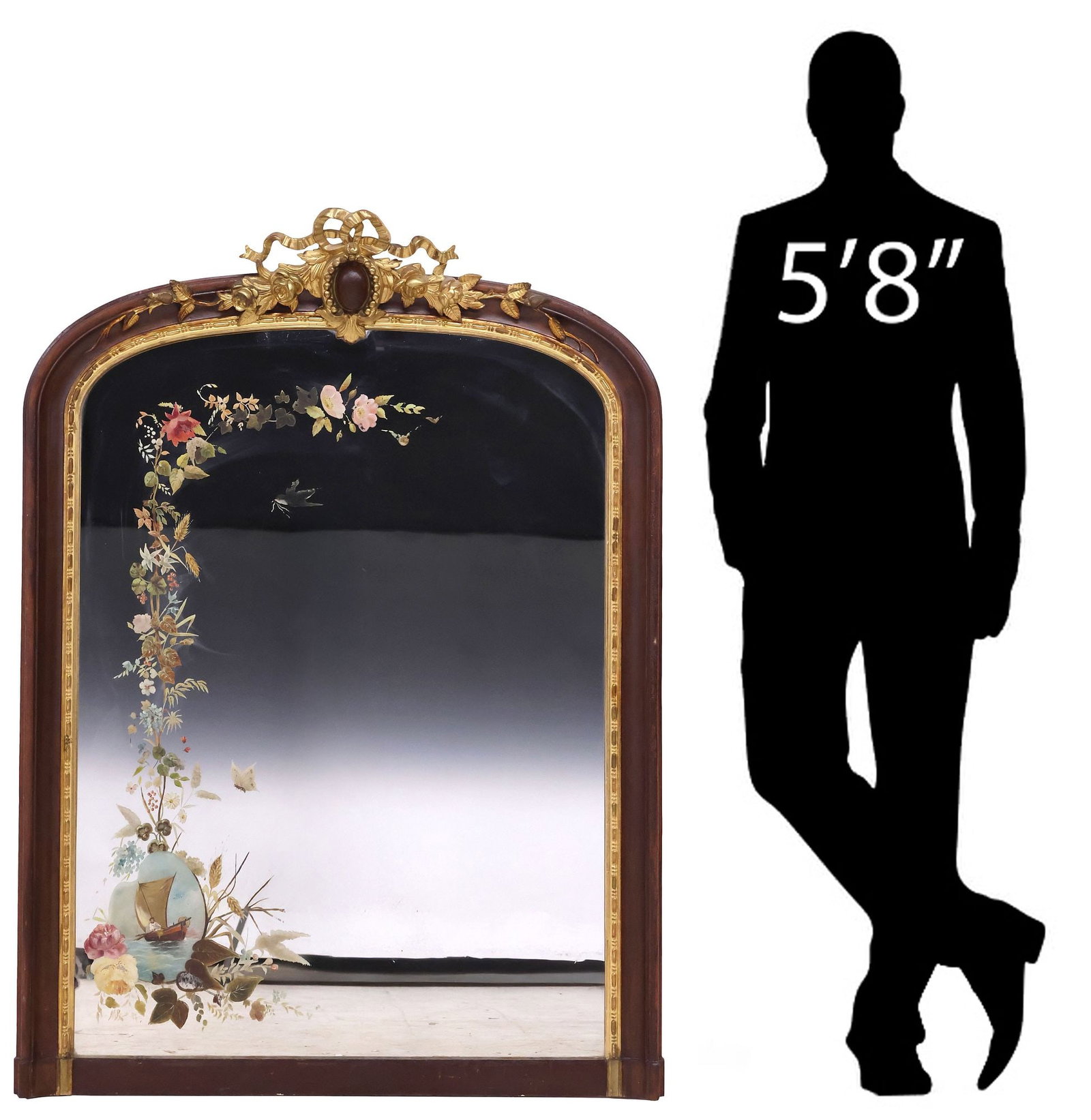 FRENCH LOUIS PHILIPPE PERIOD PARCEL-GILT & PAINTED MIRROR, 57.5"H: Large French Louis Philippe period wall mirror, mid 19th c., having parcel-gilt shield and ribbon crest, over arched frame with beaded trim, encasing later flat mirror plate, with polychrome-painted d