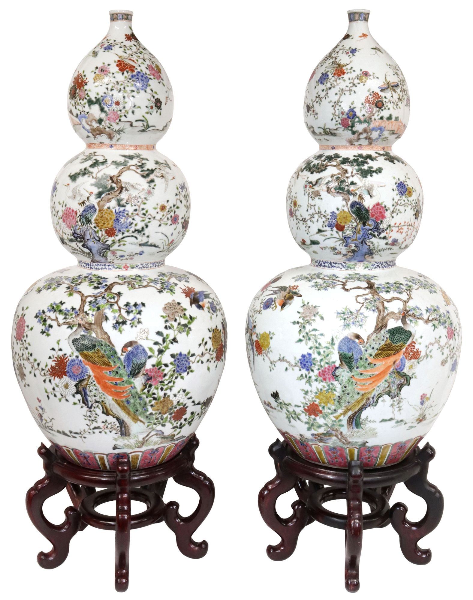 (2) LARGE CHINESE FAMILLE ROSE PORCELAIN TRIPLE-GOURD VASES ON STANDS, 31.5"H (1 of 4)