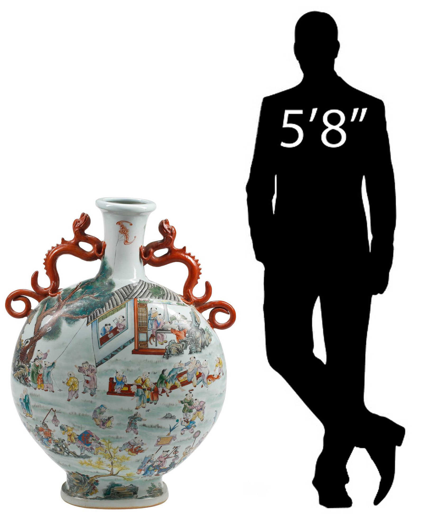 MONUMENTAL CHINESE WUCAI PORCELAIN PILGRIM JAR / MOONFLASK VASE, 42"H: Monumental Chinese Wucai porcelain pilgrim jar or moonflask vase, having dual dragon-form handles, decorated with figures and architectural motifs, handles secure with firing flaws at joinery, foot in