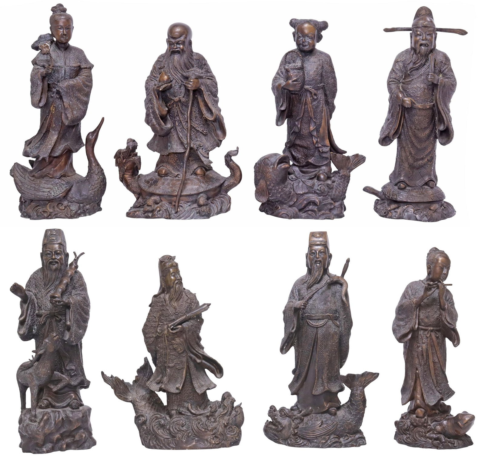 (8) FINE CHINESE PATINATED BRONZE FIGURES, THE EIGHT IMMORTALS: (lot of 8) Chinese patinated bronze figural group, The Eight Immortals, depicting the mythological figures He Xiangu, Cao Guojiu, Li Tieguai, Lan Caihe, Lu Dongbin, Han Xiangzi, Zhang Guolao, and Zhon