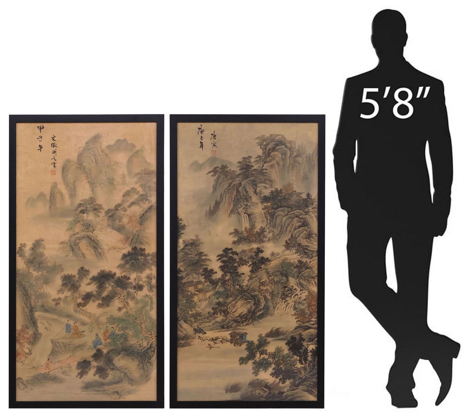 (2) WU SCHOOL-STYLE CHINESE INK & WATERCOLOR FIGURAL LANDSCAPE PAINTINGS: (pair) Framed Chinese ink and watercolor scroll paintings on paper, signed after Wen Zhengming (Chinese, 1470-1559) and Tang Yin (Chinese, 1410-1524), each depicting a mountainous landscape, with