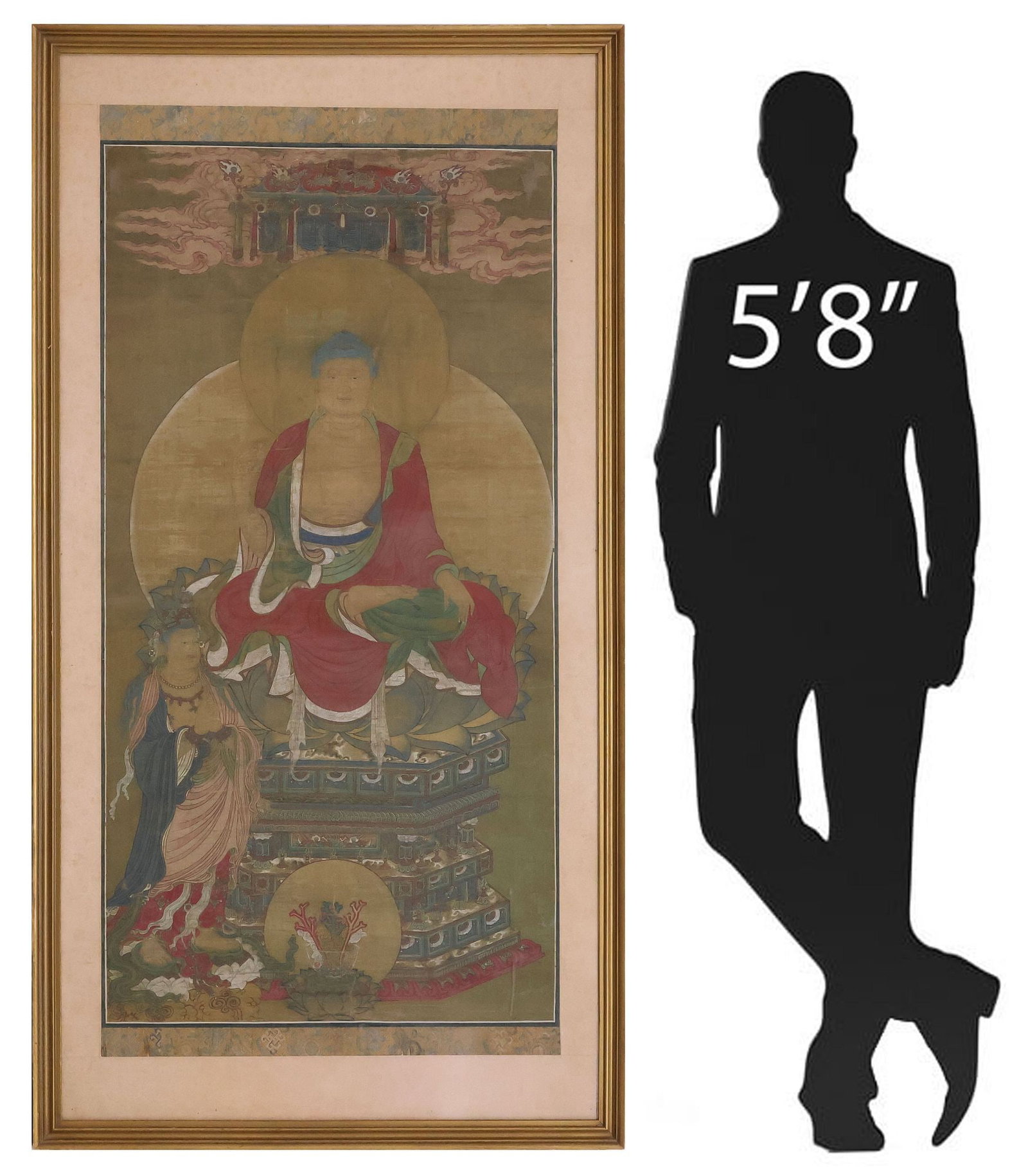LARGE CHINESE VERTICAL SCROLL INK PAINTING ON SILK, SEATED BUDDHA, 72"H: Large framed Chinese vertical scroll, ink and watercolor on silk, depicting the Buddha Amitabha (Amituofo), seated atop a stepped pedestal, with architectural temple and cloud scrollwork above head, s