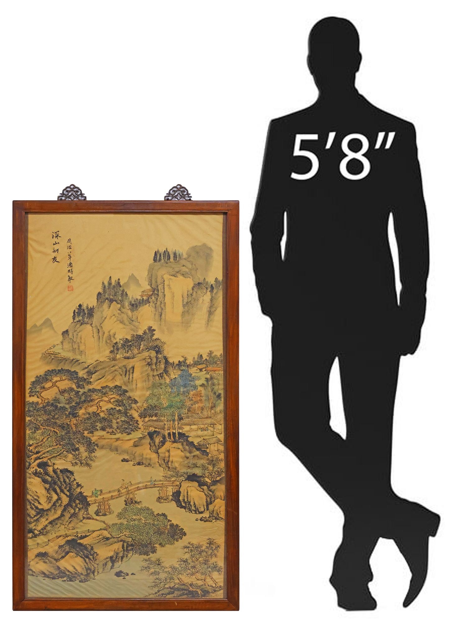 CHINESE QING INK & WATERCOLOR ON SILK LANDSCAPE PAINTING, SIGNED PAN SHIMIN: Framed Chinese watercolor and ink scroll painting on silk, "Shen Shan Fang Yu (Visiting Friends in the Deep Mountains)," upper left signed Pan Shimin, titled and inscribed "the eighth year of Tongzhi,