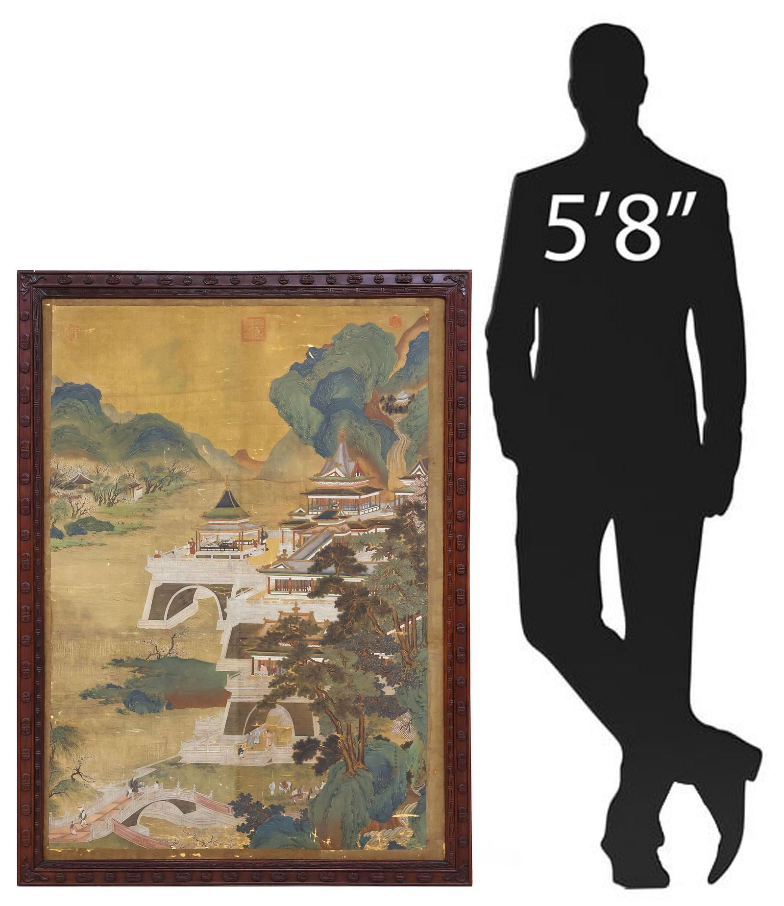LARGE FRAMED CHINESE SILK SCROLL PAINTING, VILLAGE LANDSCAPE: Large framed Chinese scroll, ink and watercolor on silk mounted to paper, depicting a mountainous coastal village landscape, with figures gathered in courtyards and crossing an architectural bridge, r