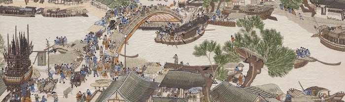 AFTER ZHANG ZEDUAN CHINESE 'QINGMING FESTIVAL' SILK EMBROIDERY PANEL