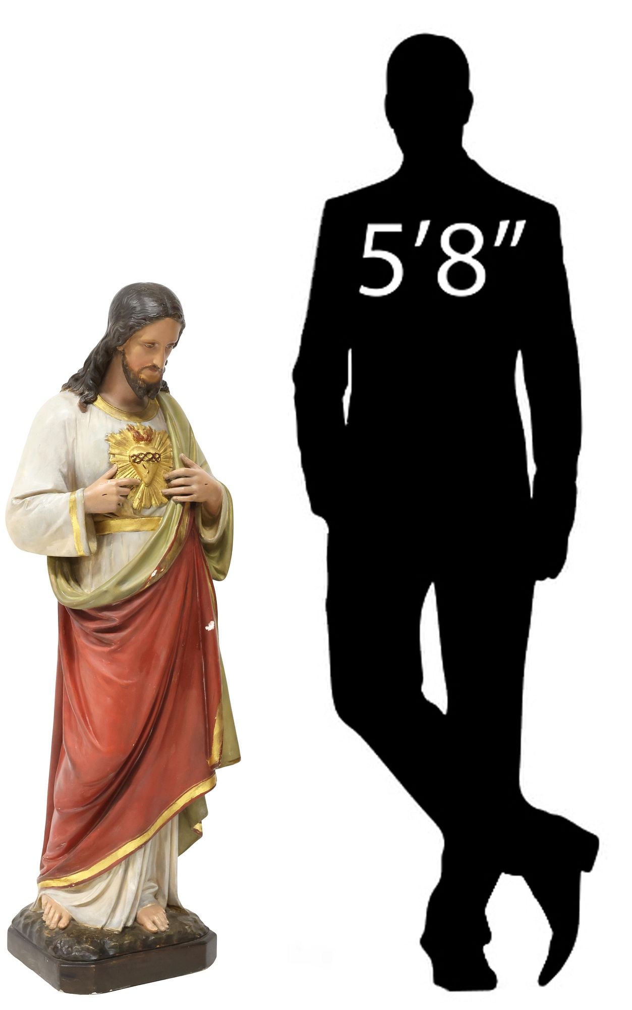 POLYCHROME CAST PLASTER RELIGIOUS FIGURE, SACRED HEART OF JESUS, 48"H (1 of 5)