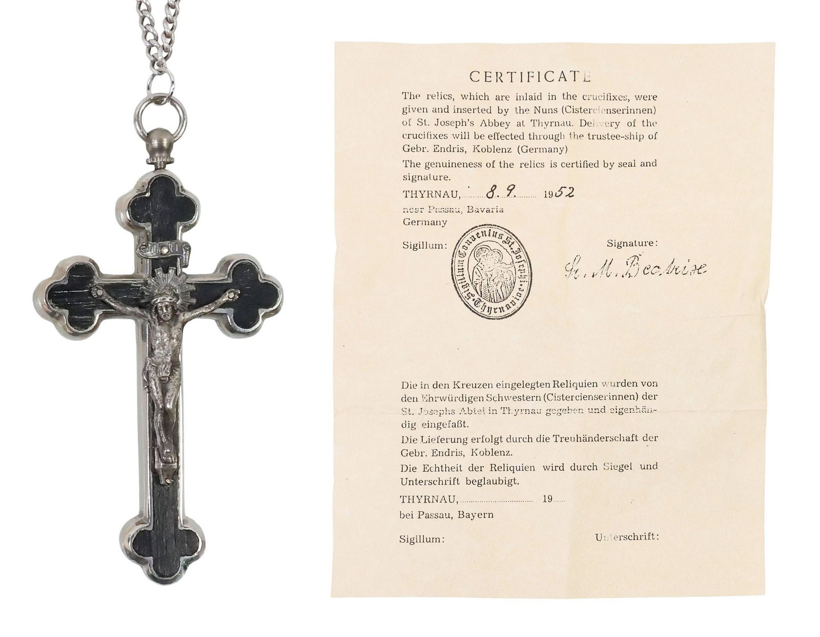 GERMAN PECTORAL RELIQUARY CROSS WITH RELICS OF 6 SAINTS & COPY OF COA: Silver-tone metal pectoral reliquary crucifix, housing (six) relics, including Saint David (King David the Prophet), Praxedes (Roman Virgin and Prophet), Constantia (also known as Saint Constance, dau
