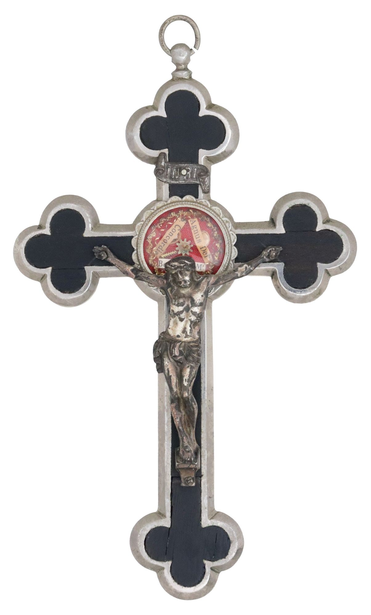 GERMAN NUN'S HABIT PROFESSION RELIQUARY CROSS WITH AGNUS DEI DISC: Scarce German silver-tone metal nun's habit profession cross, dedicated to the lifelong devotion of Sister Mary Hyacinth (19th c.), central theca reliquary housing an Agnus Dei disc (papally blessed P