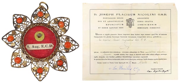 1ST-CLASS RELIC OF ST. AUGUSTINE IN GILT .800 SILVER THECA WITH COA