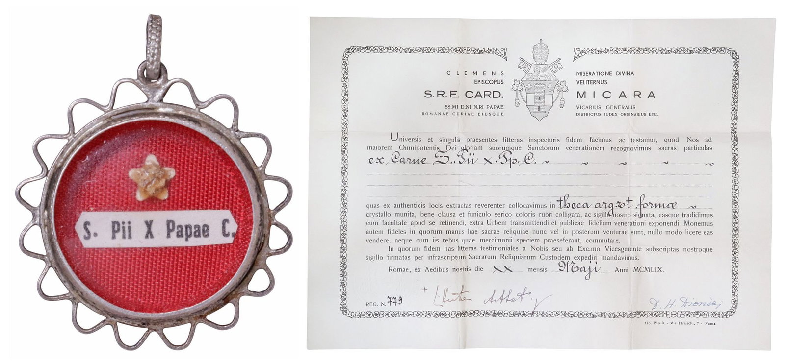 1ST-CLASS RELIC OF POPE PIUS X HOUSED IN .800 SILVER THECA WITH COA (1 of 7)