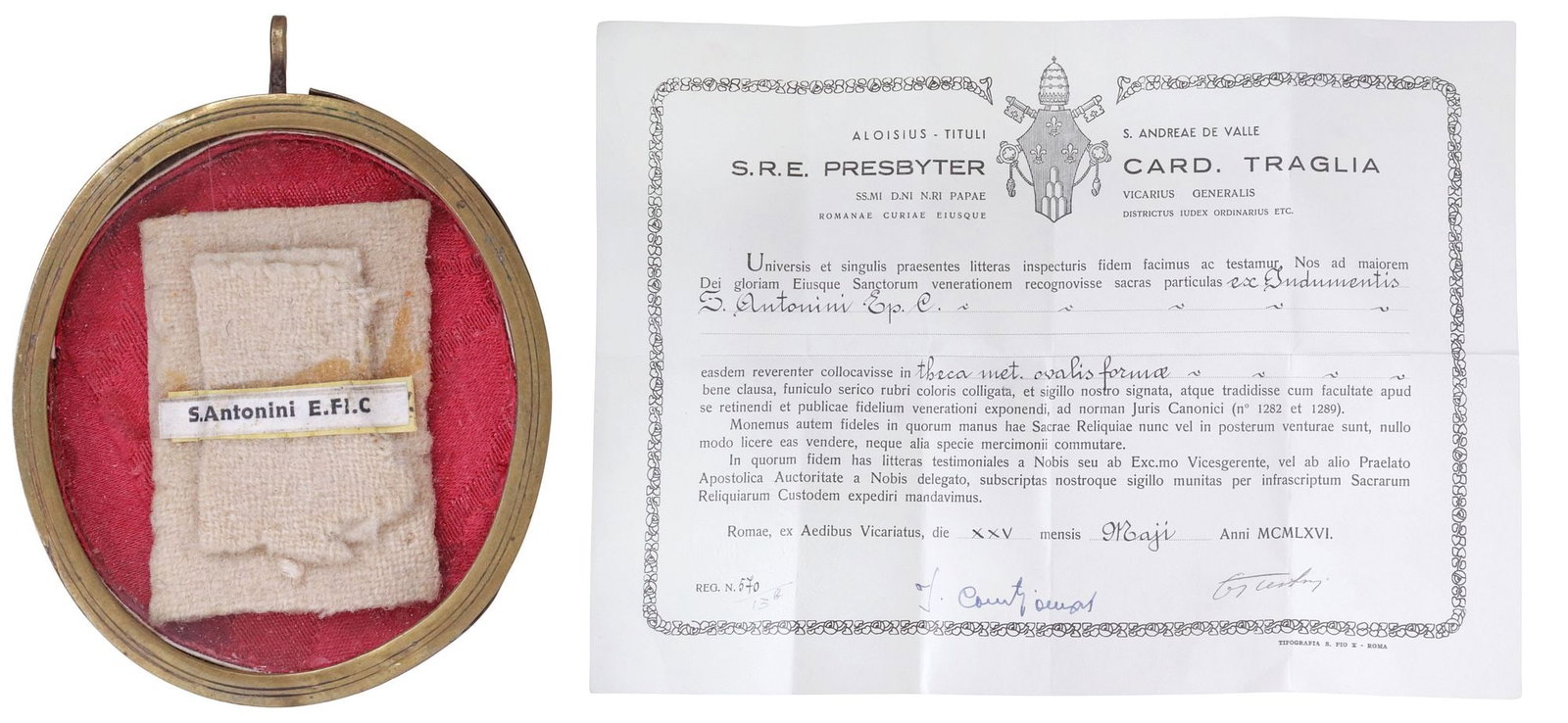 2ND-CLASS RELIC OF ST. ANTONINUS OF FLORENCE IN THECA WITH COA: Religious second-class (ex indumentis) relic of Saint Antoninus of Florence (Dominican Friar and Archbishop of Florence, known for his Apostolic poverty and obligation to the poor, Italian, 1389-1459)