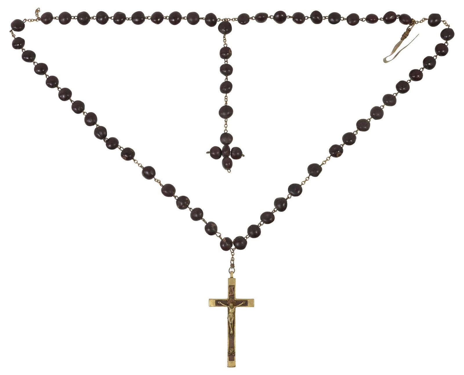 DOMINICAN NUN'S 5-DECADE FULL ROSARY WITH EBONY CRUCIFIX: Dominican nun's five-decade side habit rosary, comprised of (fifty-eight) large cocoa beads on silver-tone metal chain, adorned with (one) ebony-inlaid crucifix pendant, with applied Corpus Christi, f