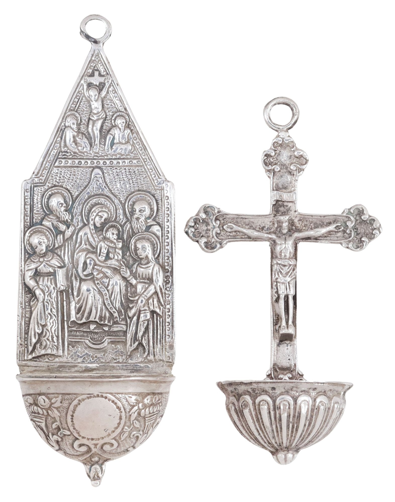(2) CONTINENTAL SILVER REPOUSSE HOLY WATER FONTS, MADONNA & CRUCIFIX (1 of 3)