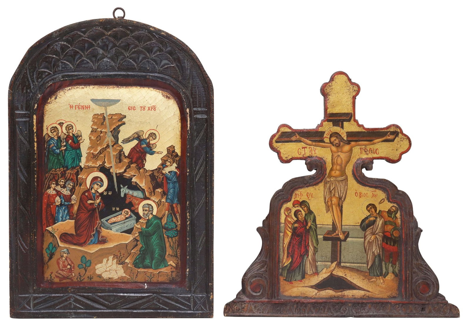 (2) BYZANTINE-STYLE PARCEL-GILT & PAINTED ICONS, THE NATIVITY & CRUCIFIXION: (lot of 2) Byzantine-style icons, tempera and gold leaf on canvas, mounted to wood panel, each with certificate of authenticity on reverse, including: (1) depicting the Crucifixion, approx 12.25"h, 11