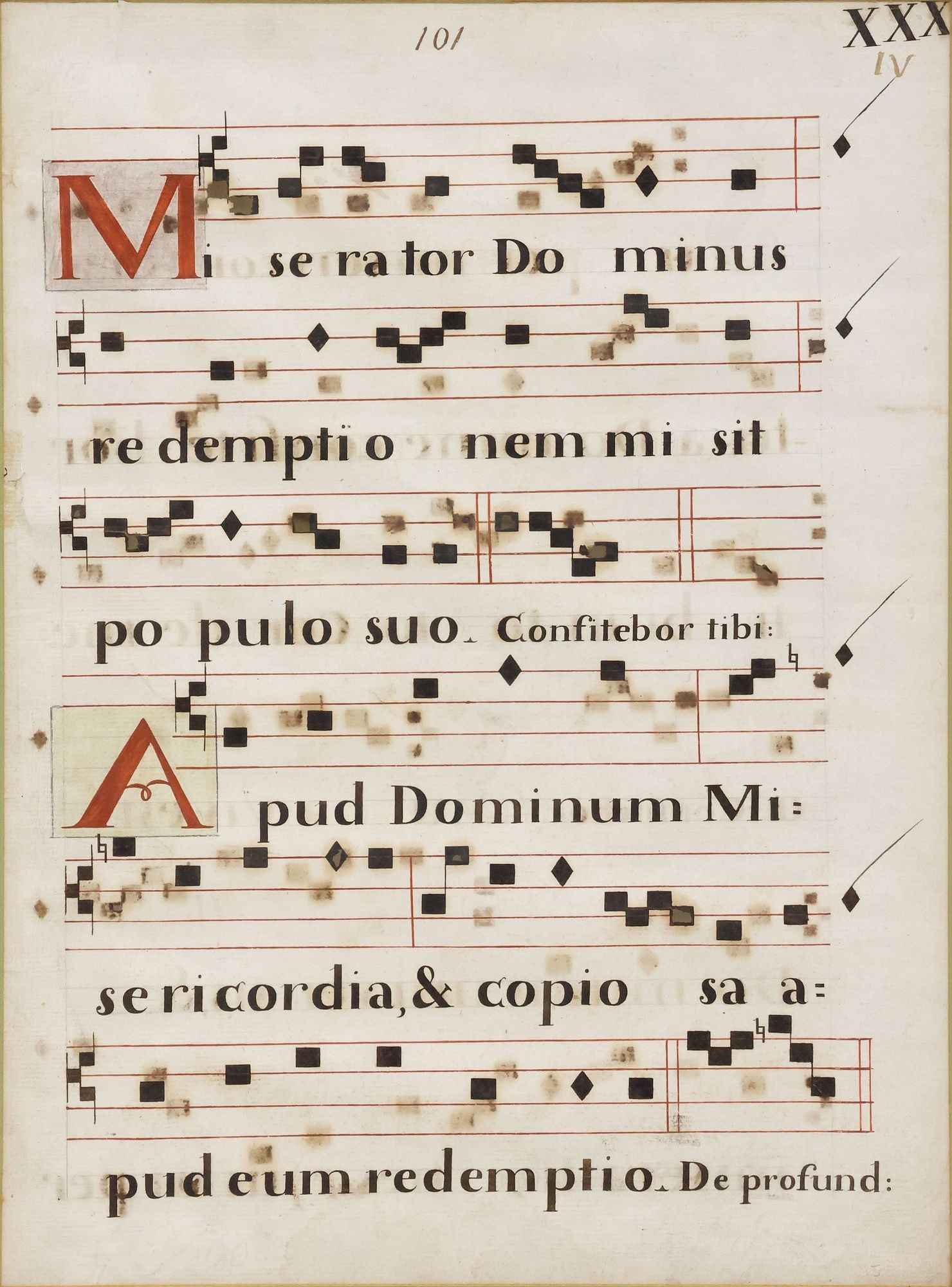 CATHOLIC RELIGIOUS ANTIPHONAL LATIN GREGORIAN CHANT PAGE, 17TH C. (1 of 3)
