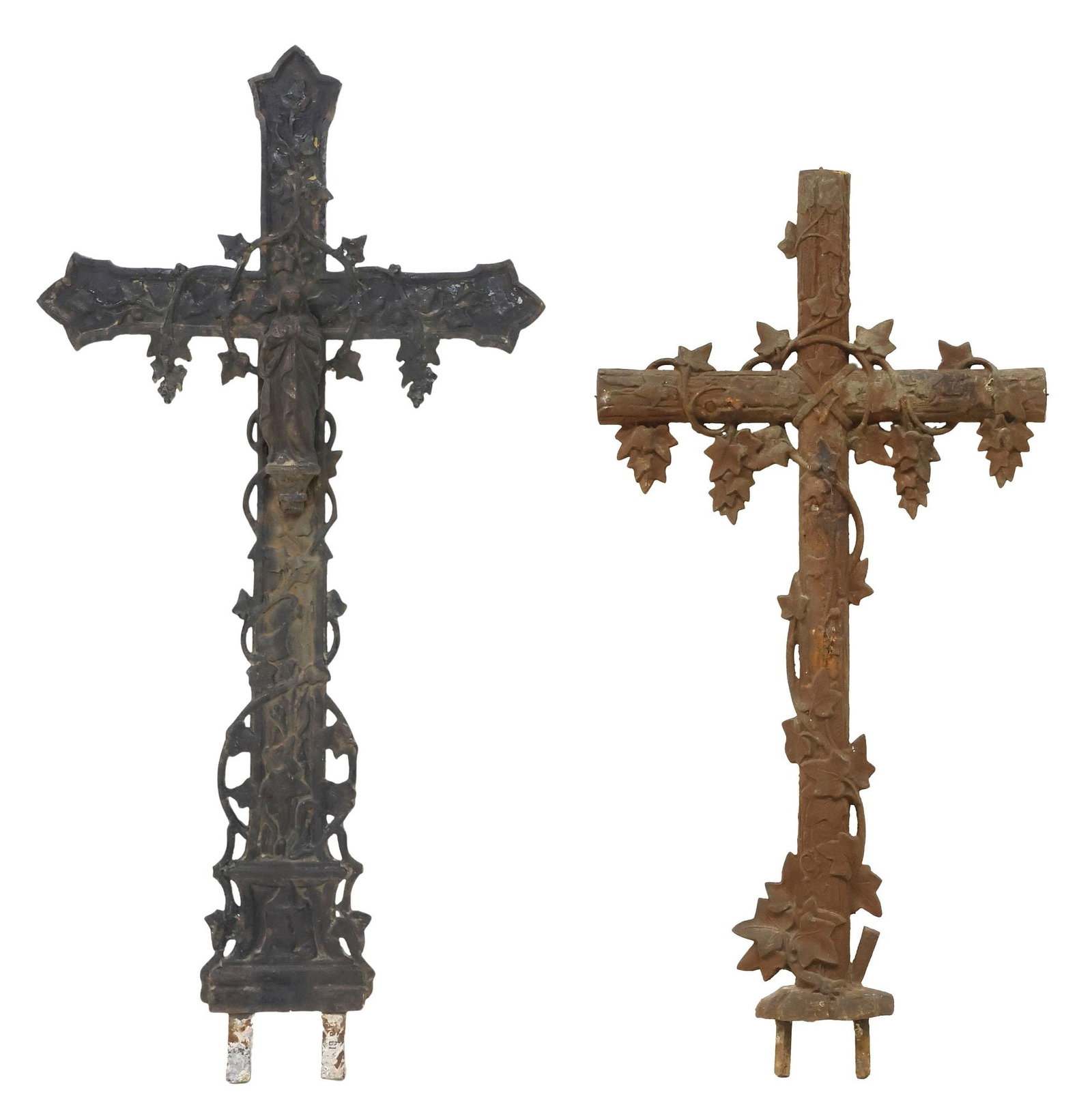 (2) FRENCH CAST IRON GARDEN CROSSES, 19TH c.: (lot of 2) French cast iron crosses, 19th c., including: (1) faux bois cross with trailing vine motifs, approx 43"h, 21.5"w; (1) having trefoil terminals and raised foliates, approx 47"h, 23"w **PLEAS