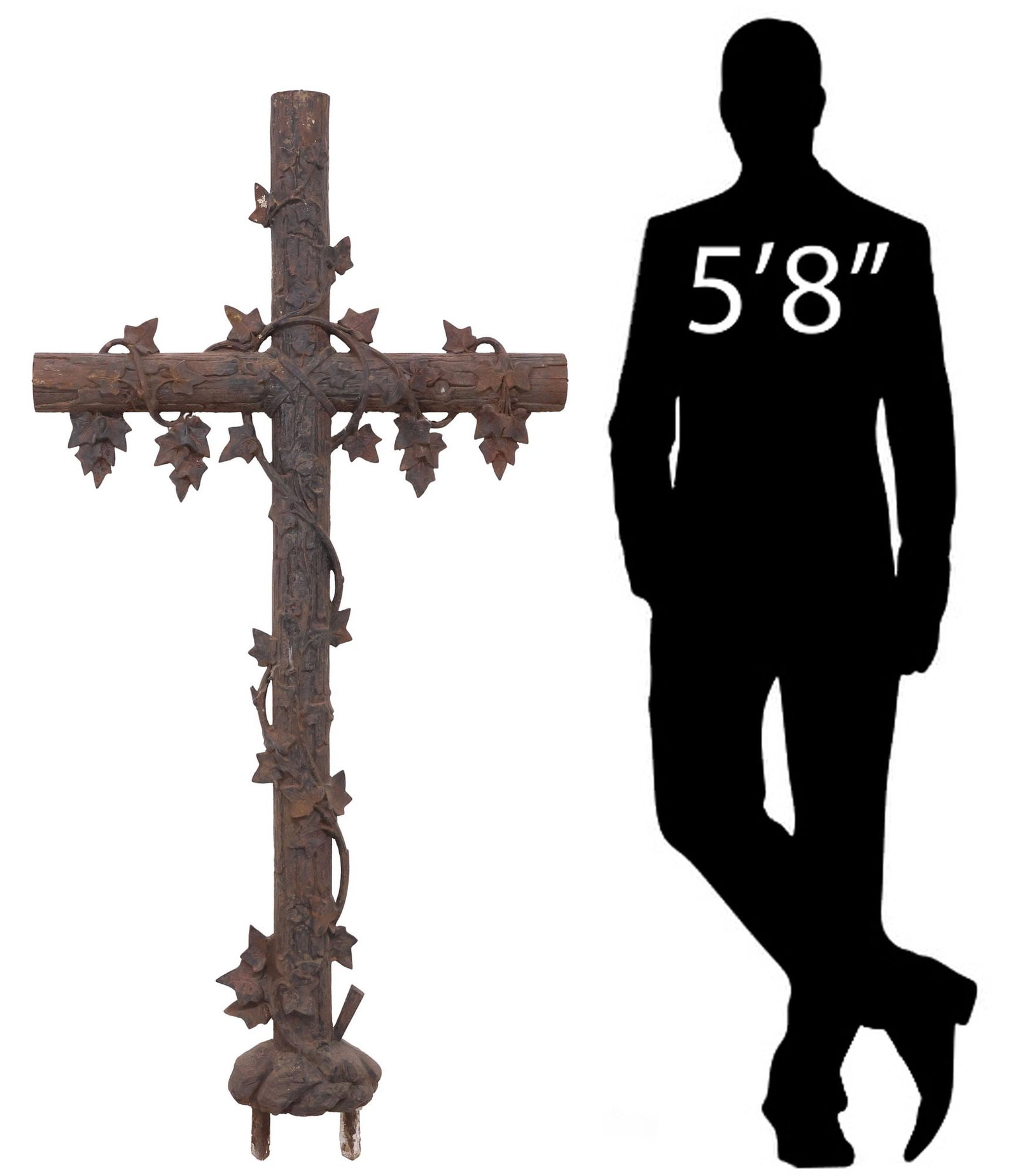 LARGE FRENCH CAST IRON FAUX BOIS CROSS, 64"H: Large French cast iron cross, 19th c., faux bois frame with trailing grape vine motifs, approx 64"h, 31"w **PLEASE NOTE: All of the cast stone and garden pieces in this auction have inherent