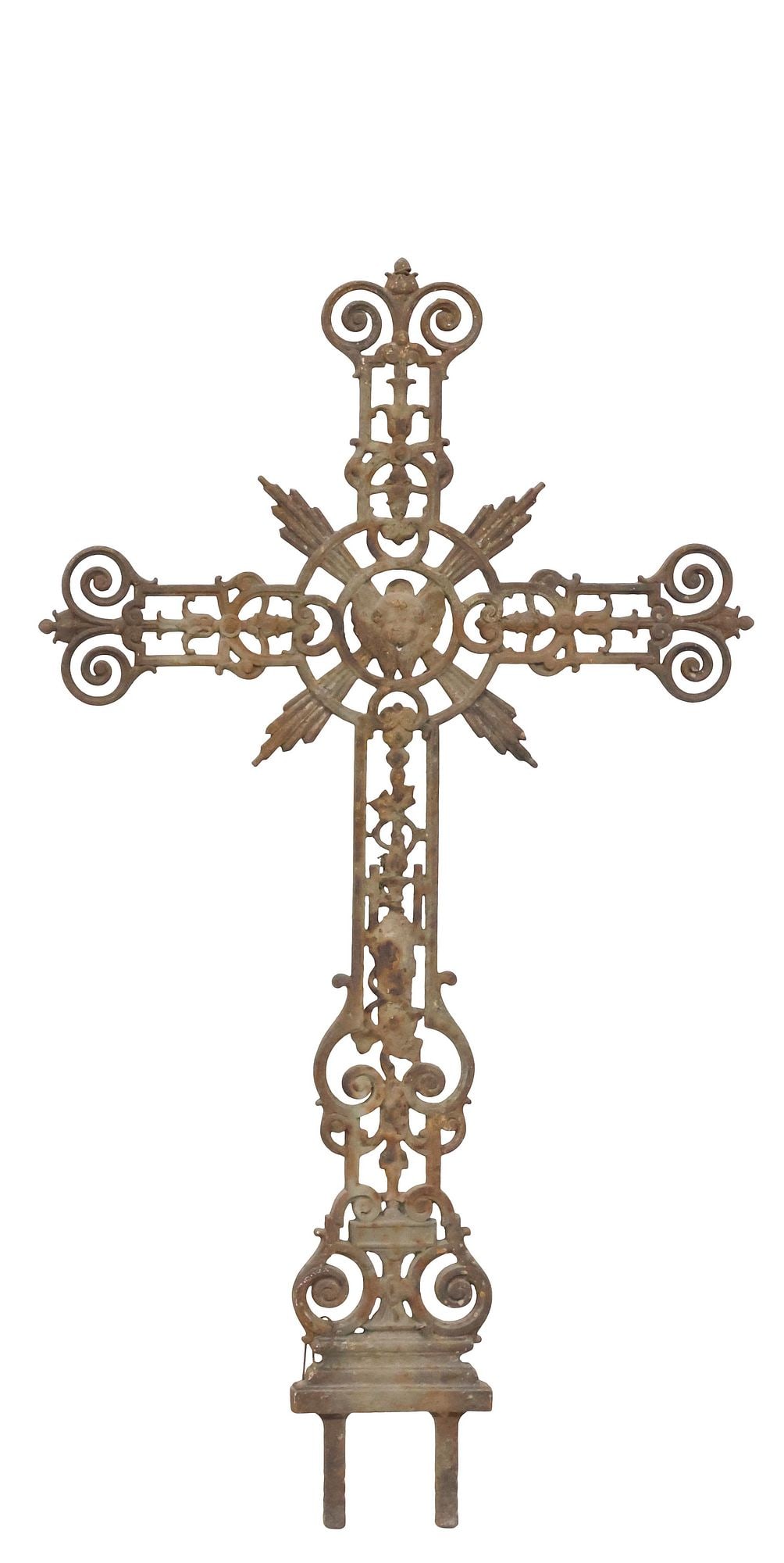 FRENCH CAST IRON CHERUB MASK GARDEN CROSS, 19TH C.: French cast iron garden cross, 19th c., openwork scrolling foliate frame, centering winged cherub mask, approx 46.5"h, 26.5"w **PLEASE NOTE: All of the cast stone and garden pieces in this auction hav