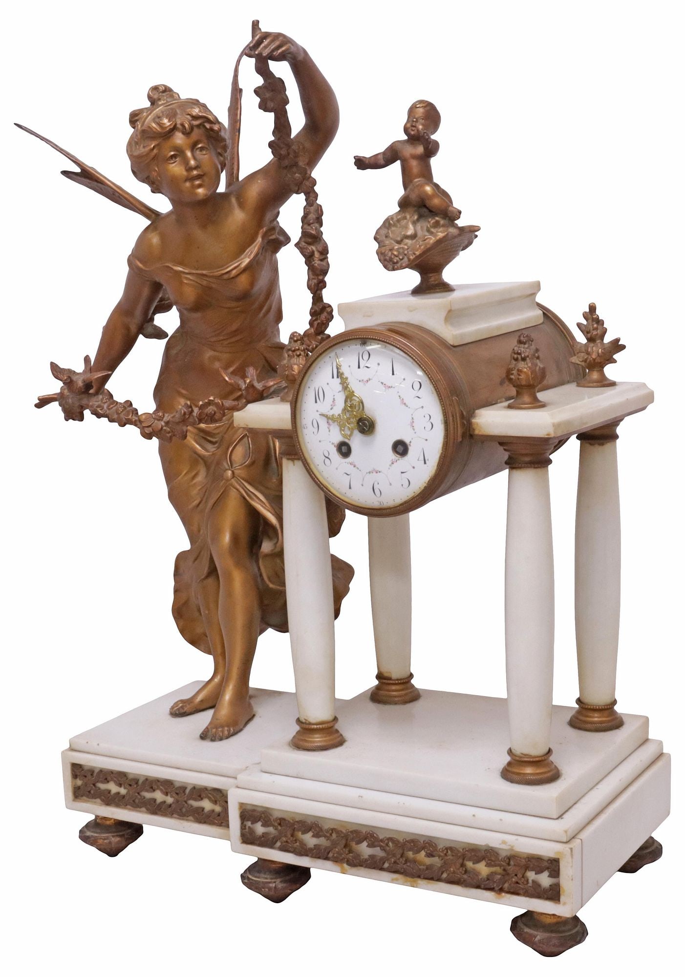 FRENCH AUGUSTE MOREAU STYLE SPELTER & MARBLE FIGURAL FAIRY MANTEL CLOCK (1 of 9)