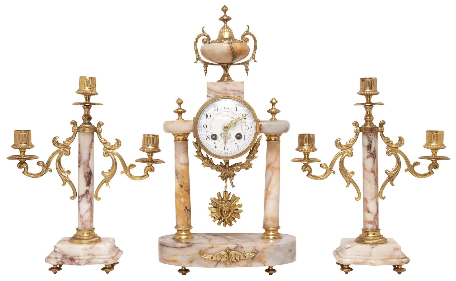 (3) FRENCH LOUIS XVI STYLE GILT-METAL & MARBLE MANTEL CLOCK & GARNITURE SET (1 of 6)