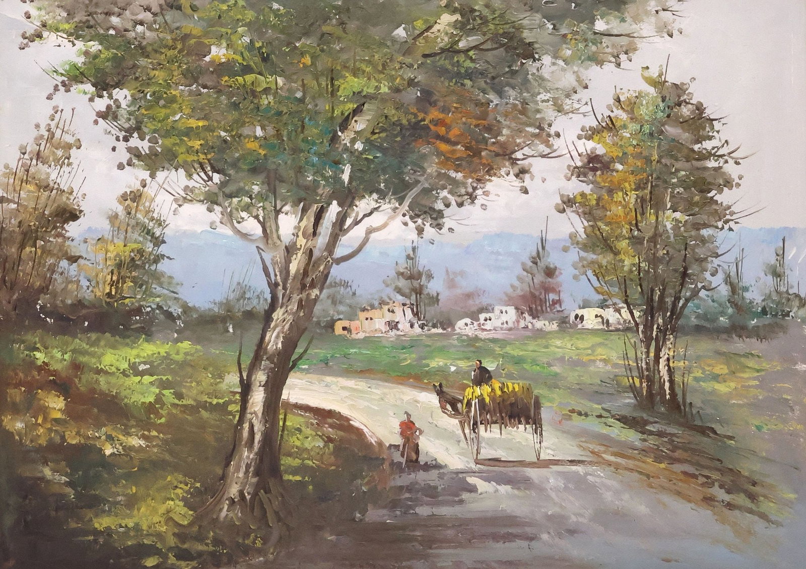 IMPRESSIONIST ITALIAN SCHOOL PAINTING, VILLAGE LANDSCAPE & HORSE CART: Framed Italian School oil on canvas painting, Impressionist Village Landscape with Horse-Drawn Cart, apparently unsigned, encased behind glass, sight: approx 19"h, 26.5"w, overall: approx 27.5"h, 36.5