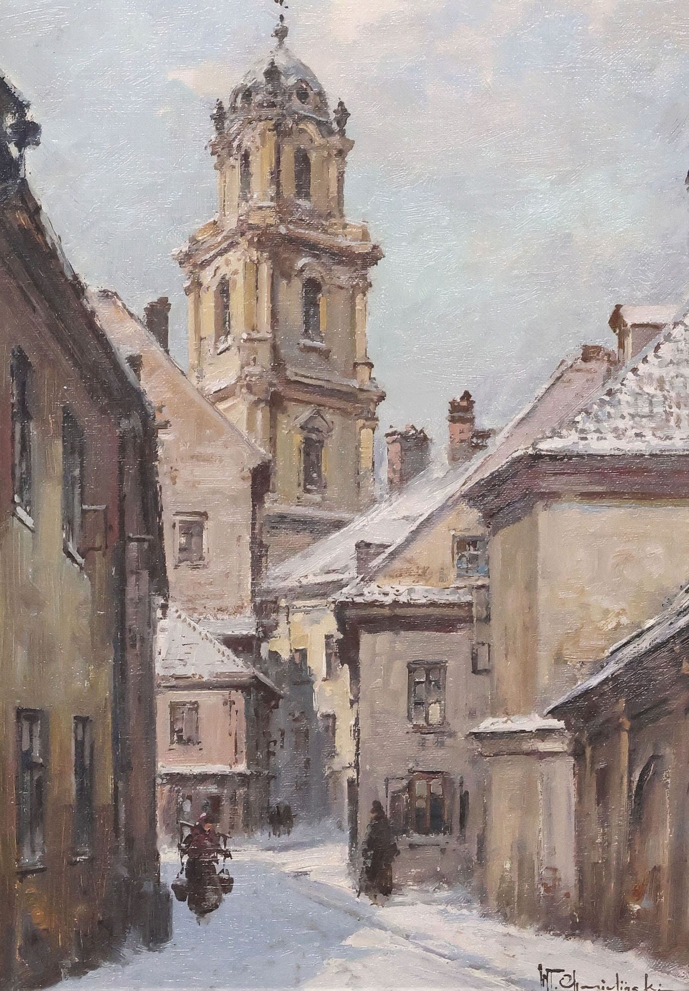 WLADYSLAW T. CHMIELINSKI (1911-1979) OIL PAINTING, WINTER STREET SCENE: Framed oil on canvas painting, Impressionist Winter Scene, signed lower right T. Chmienlinski (Wladyslaw T. Chmielinski, Polish, 1911-1979), additional signature on back stretcher, sight: approx 13.25