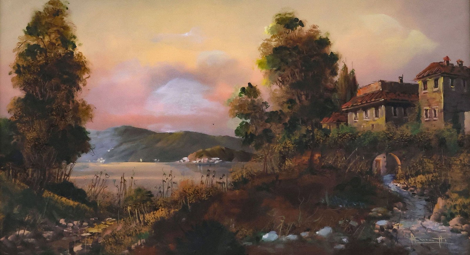 SIGNED ITALIAN SCHOOL OIL PAINTING, COASTAL VILLAGE LANDSCAPE: Framed Italian School oil on canvas painting, Coastal Village Landscape with Bridge, signed lower right A. Comotti?, encased behind glass, sight: approx 17"h, 30.75"w, overall: approx 24.25"h, 38.5"w,