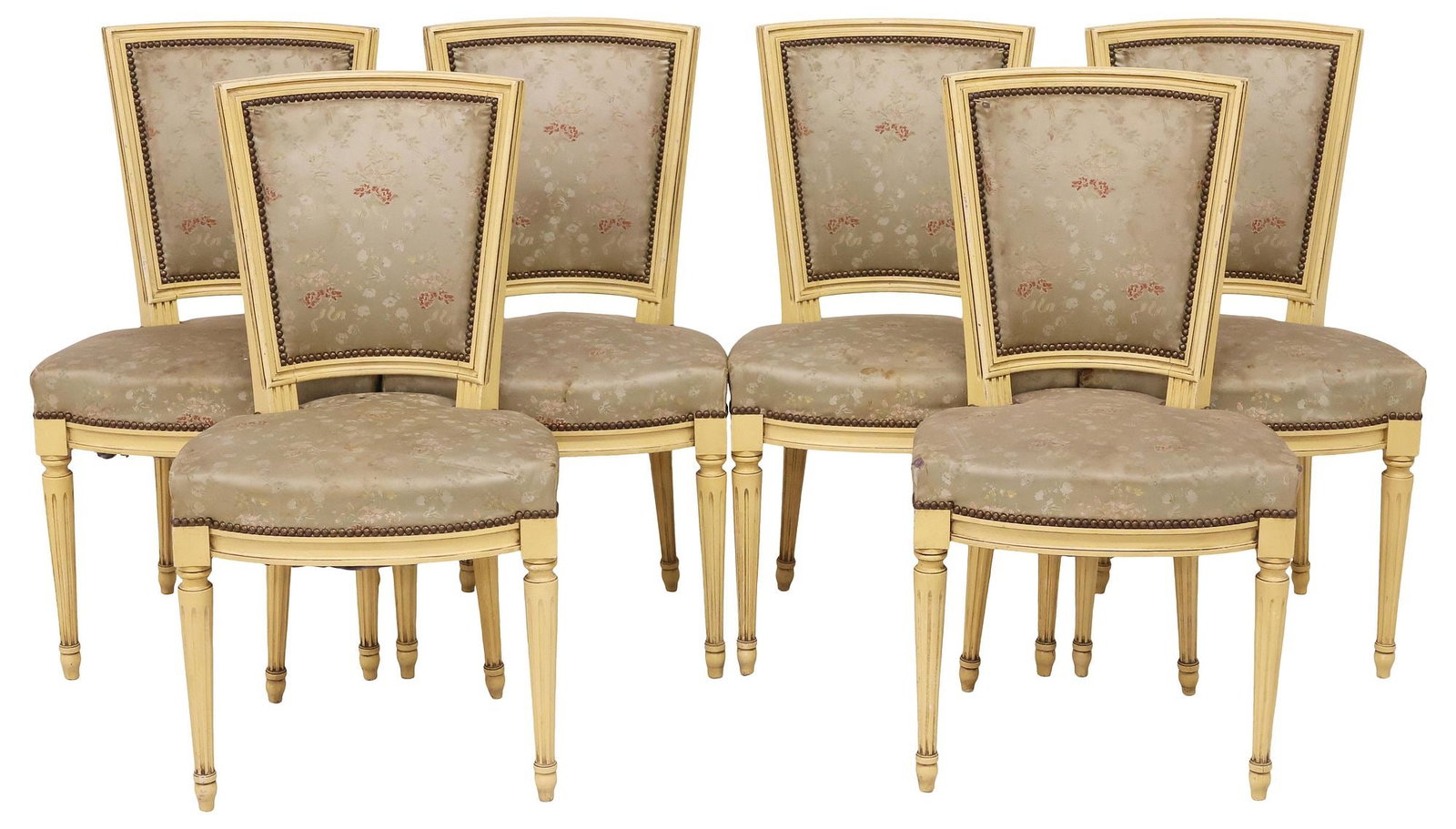 (6) FRENCH LOUIS XVI STYLE SILK-UPHOLSTERED & PAINTED DINING CHAIRS: (lot of 6) French Louis XVI style paint-decorated dining chairs, early 20th c., each in a yellowed painted finish, tapered back and padded seat in a worn floral silk jacquard upholstery, with nail-hea