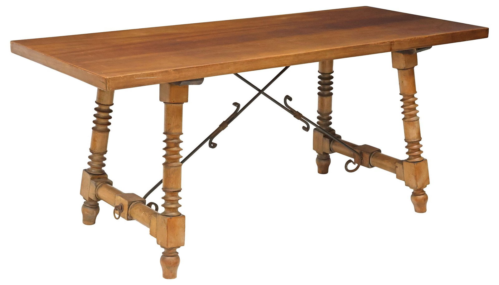 SPANISH BAROQUE STYLE WALNUT & WROUGHT IRON TRESTLE DINING TABLE (1 of 5)