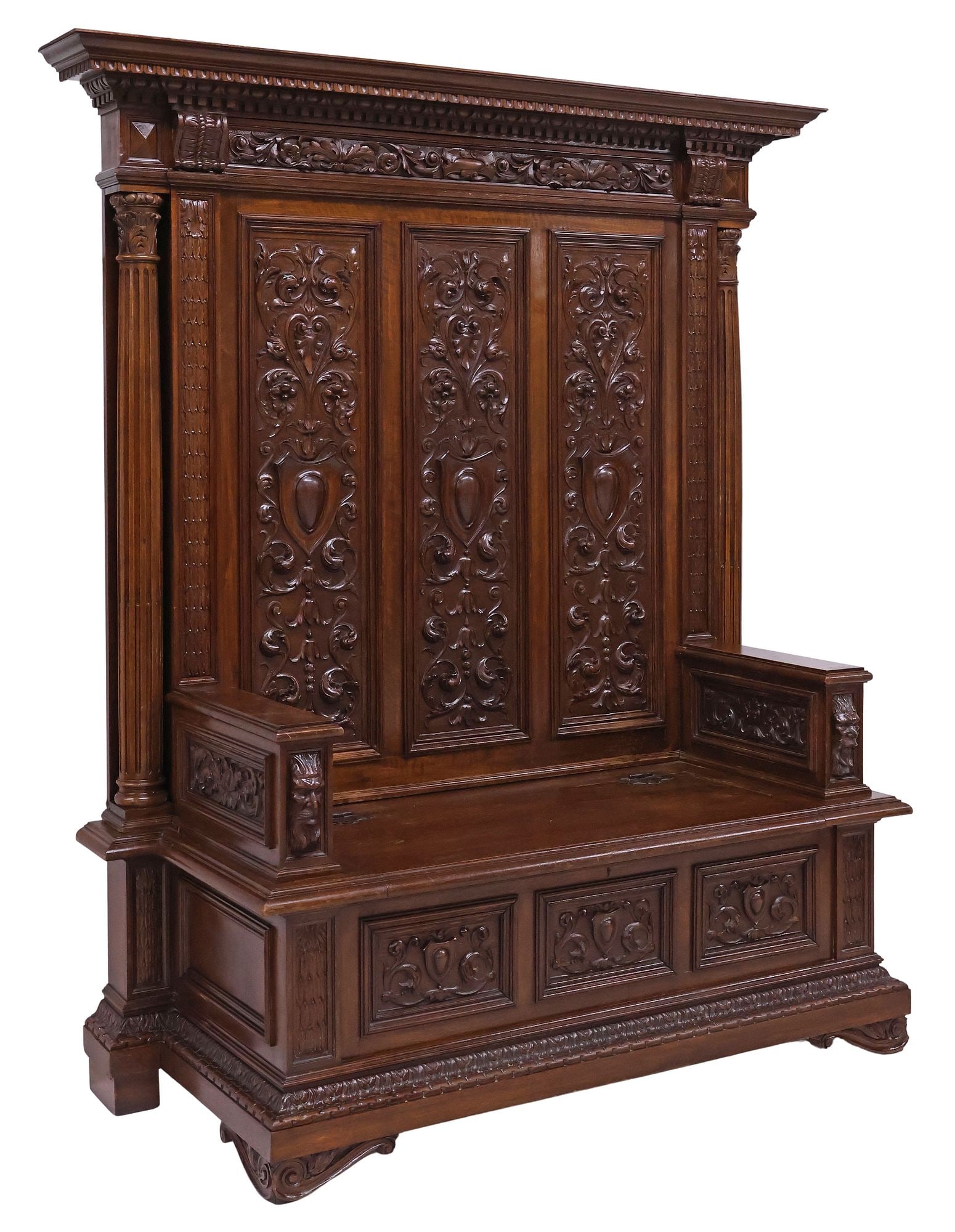 ITALIAN G.B. SCORZA RENAISSANCE REVIVAL CARVED WALNUT HALL BENCH (1 of 8)