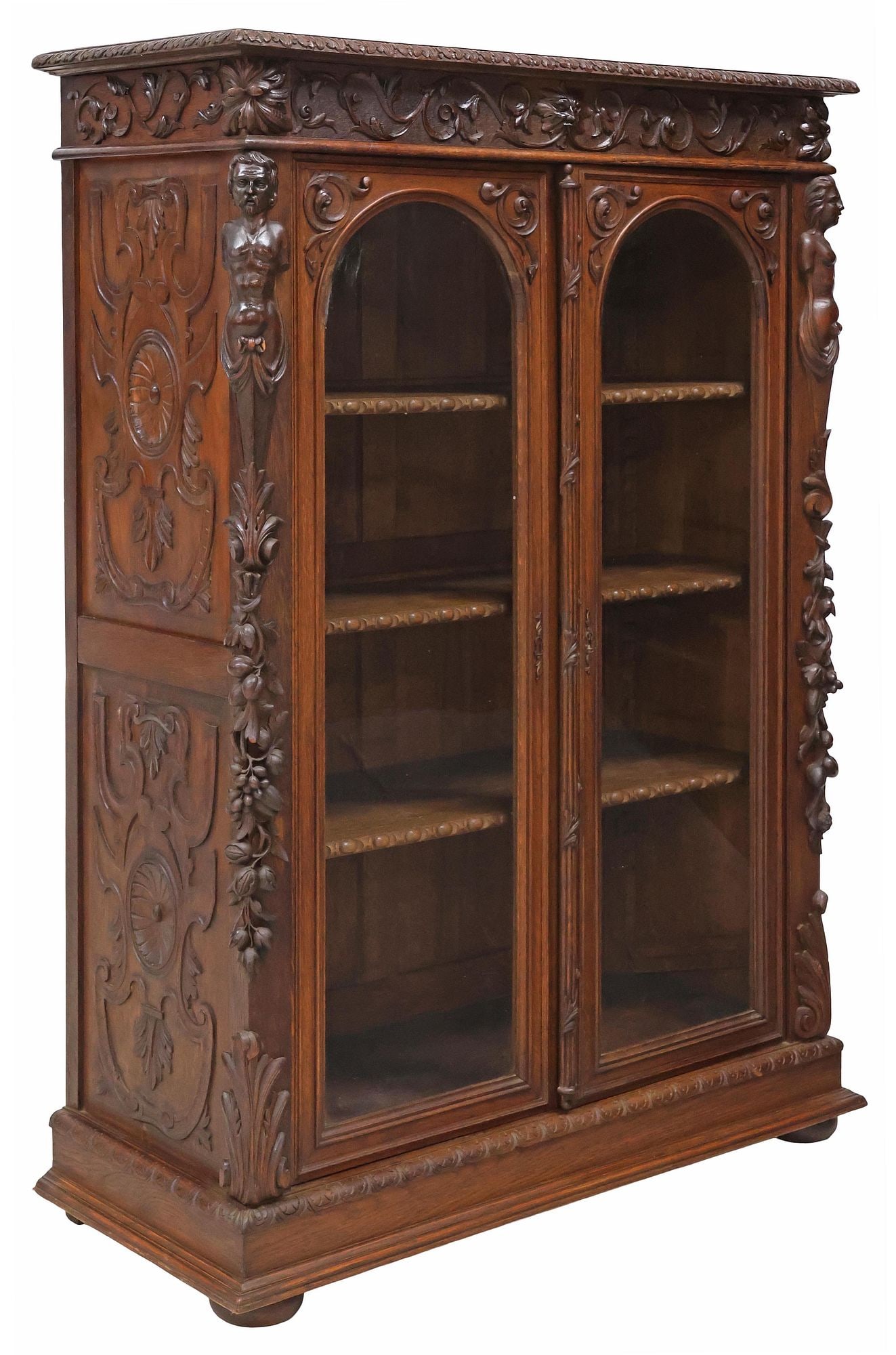 FRENCH RENAISSANCE REVIVAL CARVED OAK FIGURAL DISPLAY BOOKCASE (1 of 8)