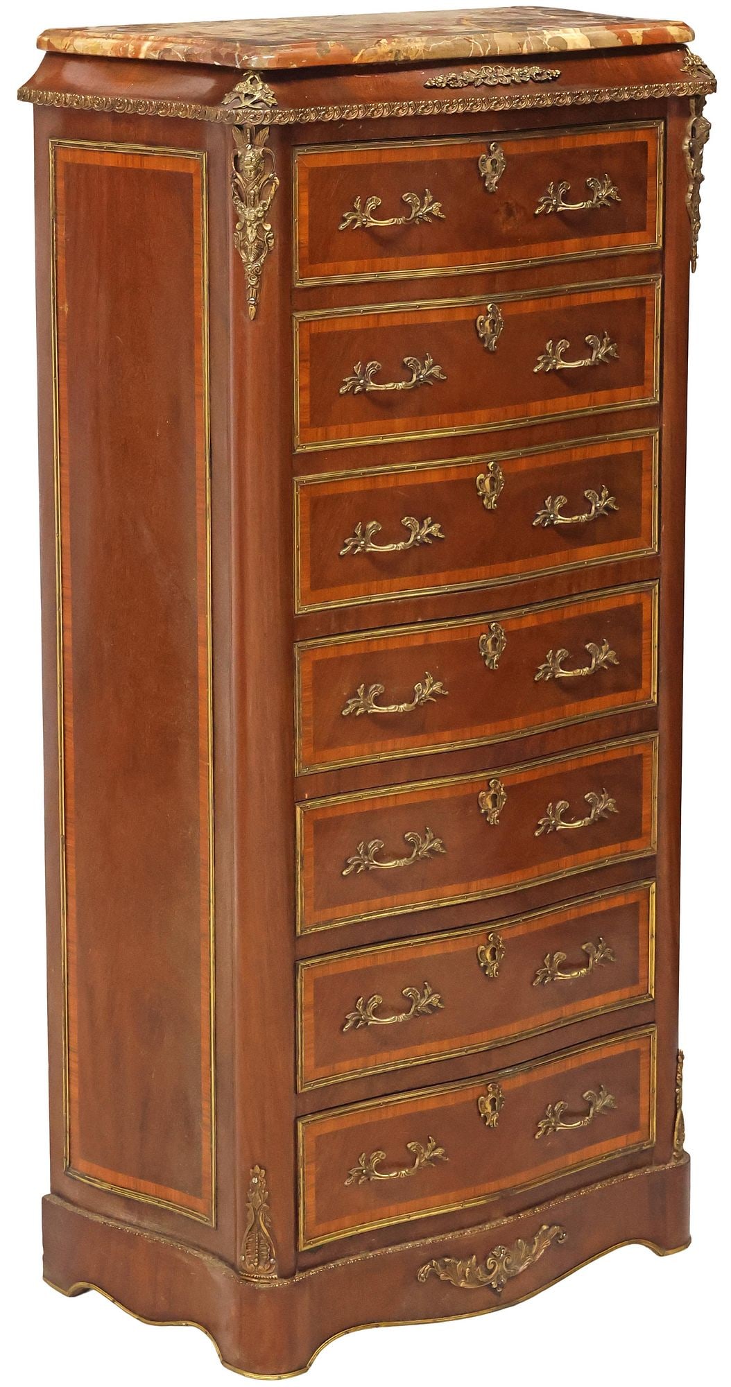 FRENCH NAPOLEON III PERIOD MARBLE-TOP MAHOGANY SECRETARY CHEST OF DRAWERS: French Napoleon III mahogany secretary chest of drawers, 19th c., having shaped marble top, above fall-front door with faux multi-drawer facade, revealing inset leather writing surface and fitted gall