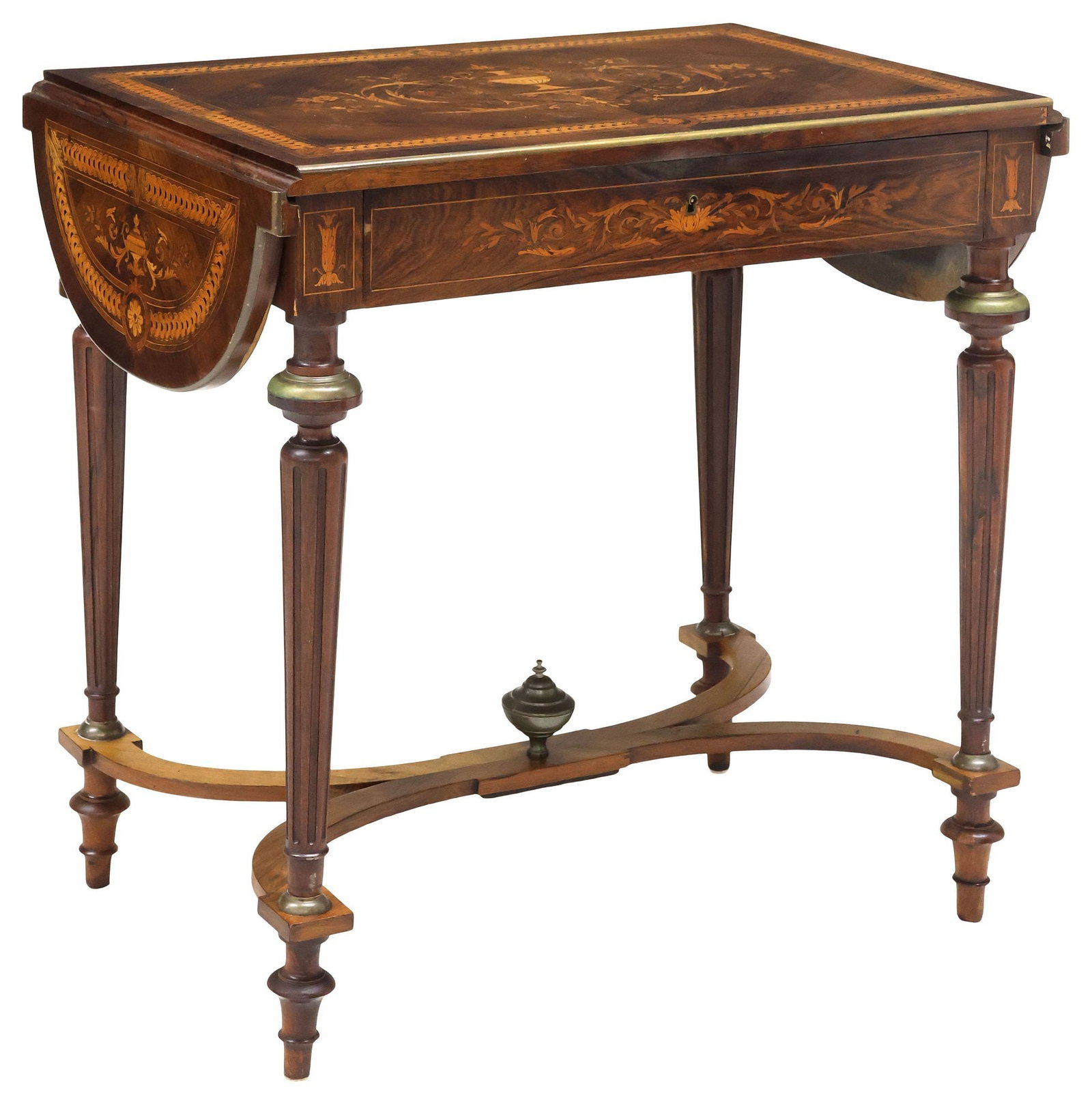FRENCH LOUIS XVI STYLE MARQUETRY & ROSEWOOD DROP-LEAF WRITING TABLE: French Louis XVI style rosewood writing or side table, late 19th c., drop-leaf top with scrolling foliate and urn marquetry, banded quatrefoil trim, above single drawer, rising on tapering fluted
