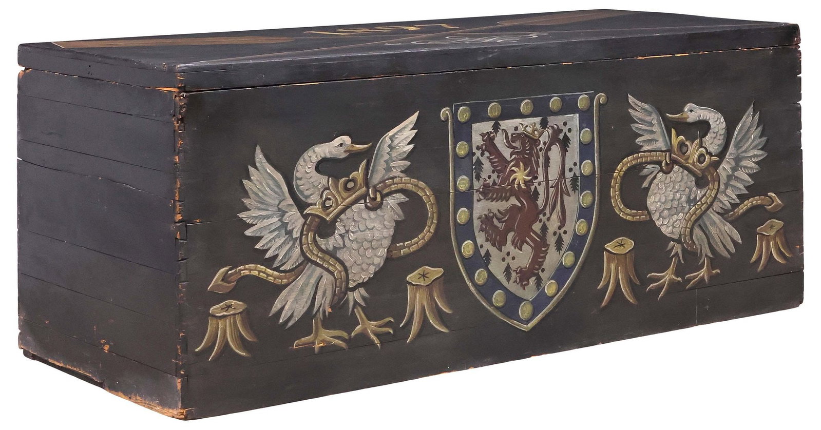 LARGE PAINT-DECORATED TRUNK / CHEST WITH ARMORIAL COAT OF ARMS, 71"L: Large paint-decorated chest/ storage trunk, 20th c., rectangular case with lift-off cover, depicting crossed oars and central inscription "1897," above an armorial coat of arms with swans and shield, 