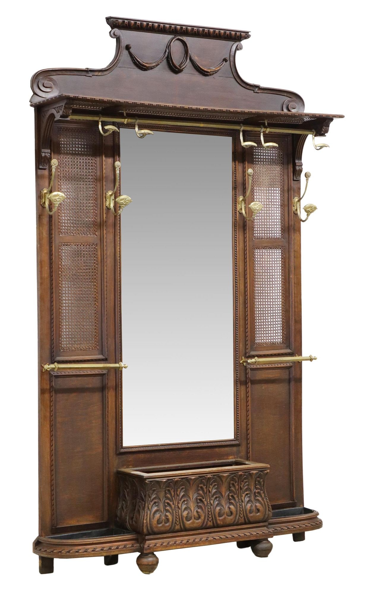 FRENCH WALNUT CANED & MIRRORED HALL TREE (1 of 4)