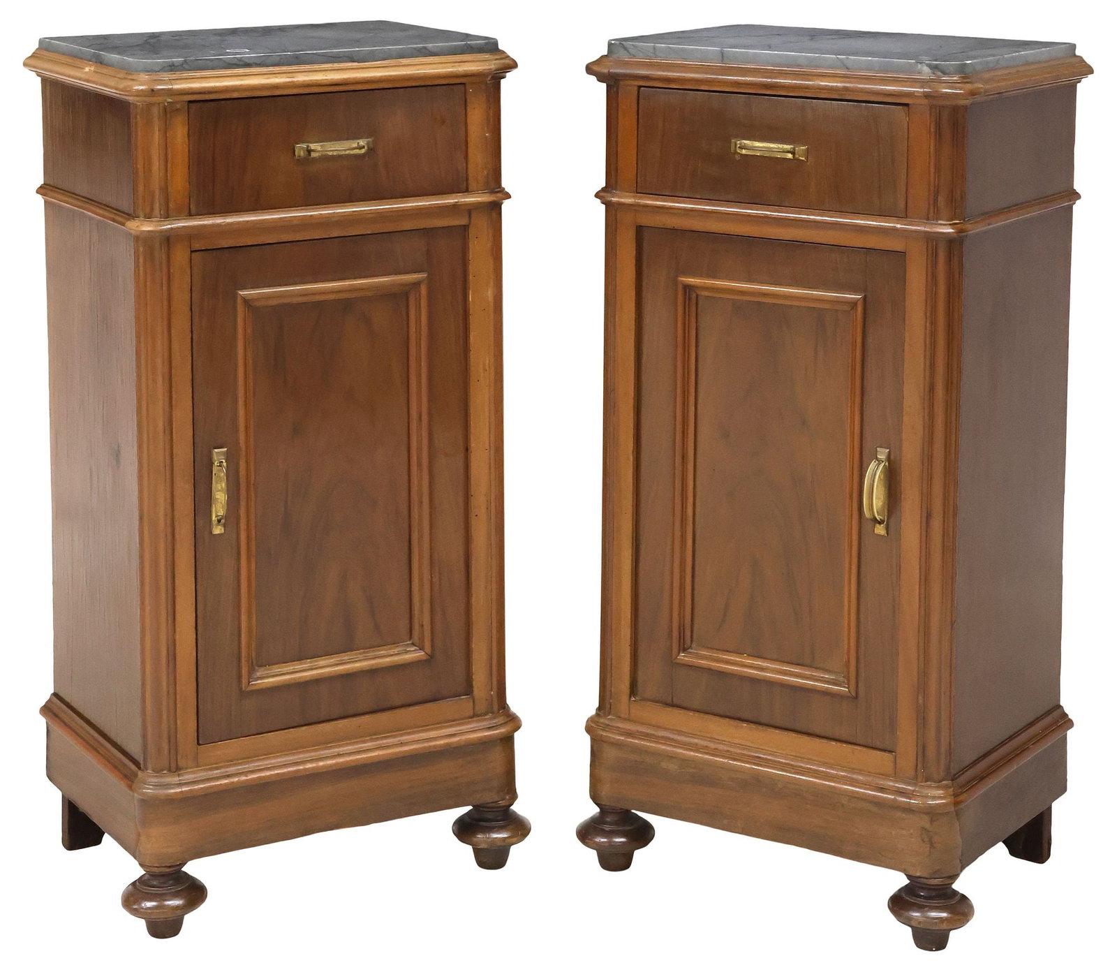 (2) ITALIAN MARBLE-TOP PANELED WALNUT NIGHTSTANDS, 19TH C.: (pair) Italian walnut bedside cabinets, 19th c., inset gray marble tops, over single drawer, and paneled cabinet door with raised trim, enclosing fixed-height shelf, on turned feet, approx 36.5"h, 18.