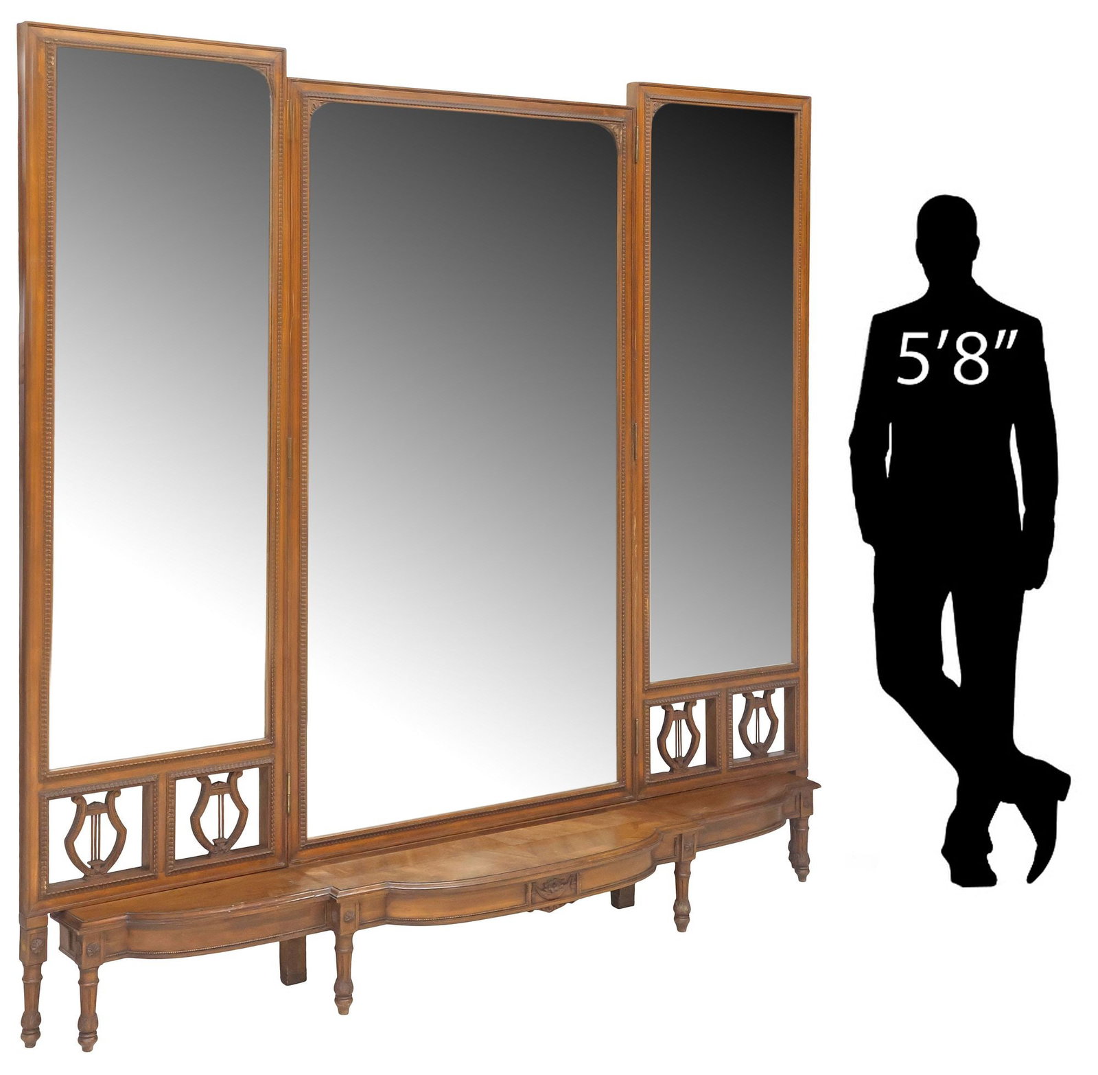 LARGE NEOCLASSICAL STYLE MIRRORED WALNUT TRIFOLD DRESSING STAND, 83"H (1 of 9)