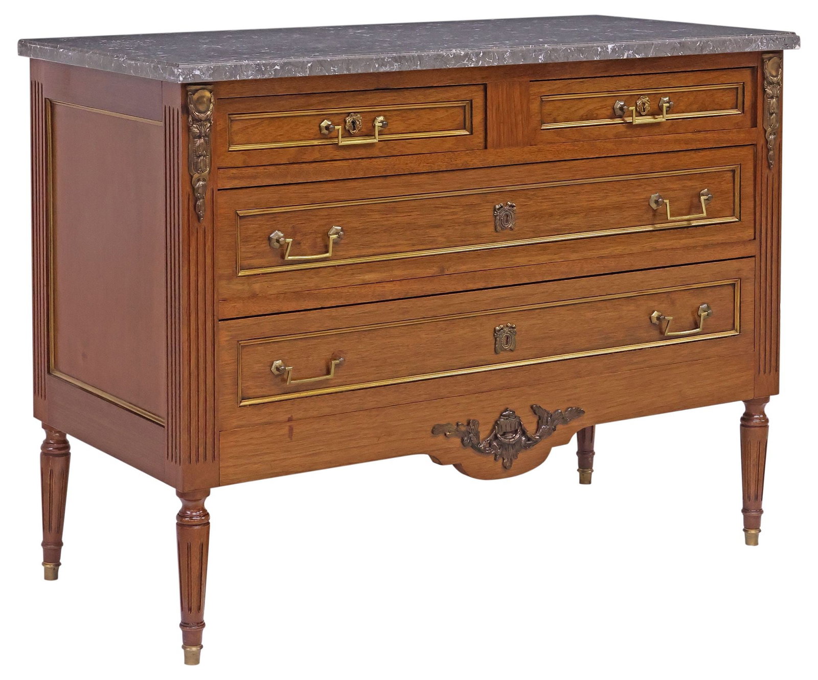 FRENCH LOUIS XVI STYLE MARBLE-TOP MAHOGANY 4-DRAWER COMMODE: French Louis XVI style mahogany commode, early 20th c., having rectangular marble top, above two short drawers and three long drawers with gilt-metal trim, flanked by fluted corner posts, rising on ta