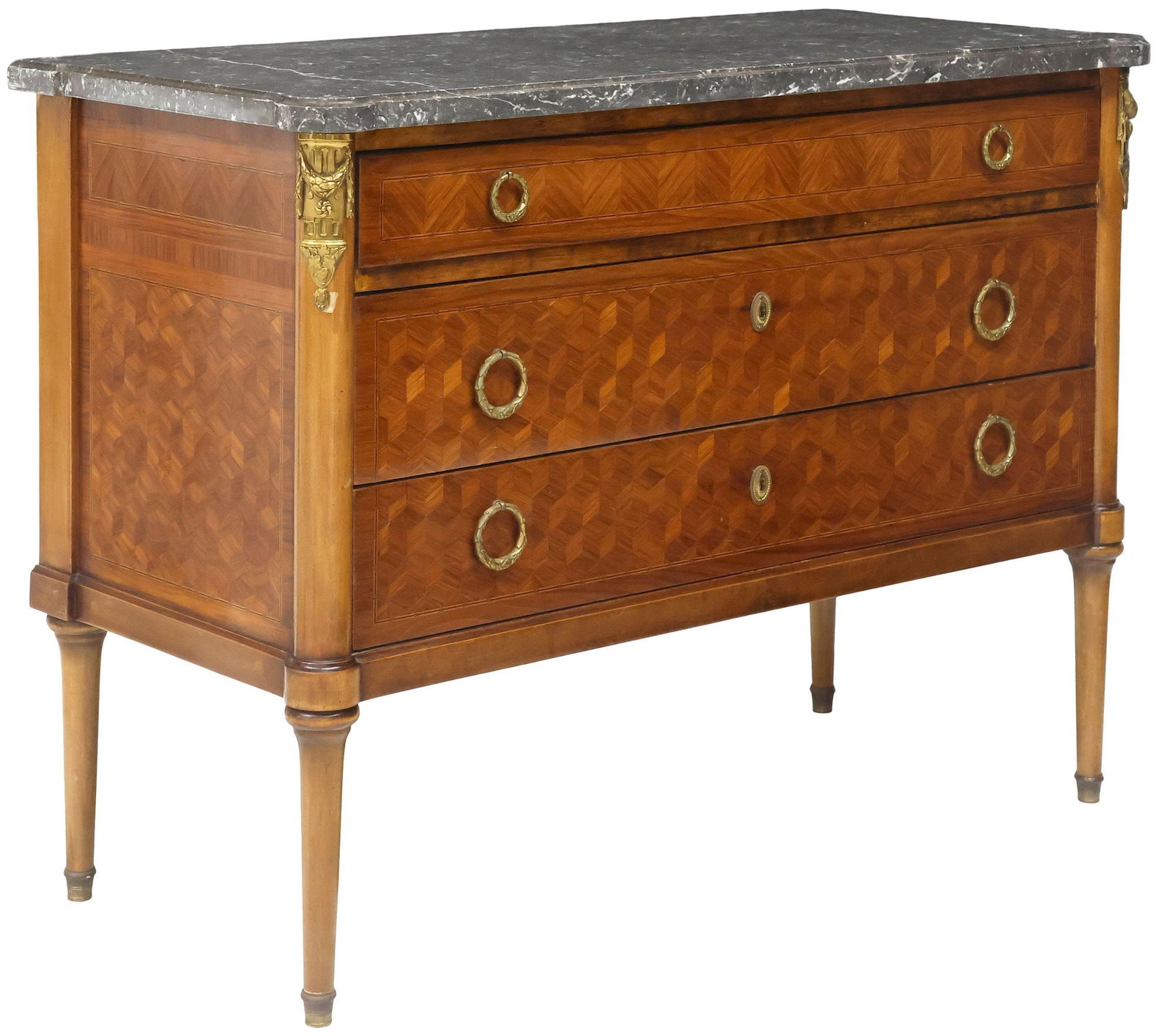 FRENCH LOUIS XVI STYLE MARBLE-TOP PARQUETRY & WALNUT COMMODE (1 of 5)
