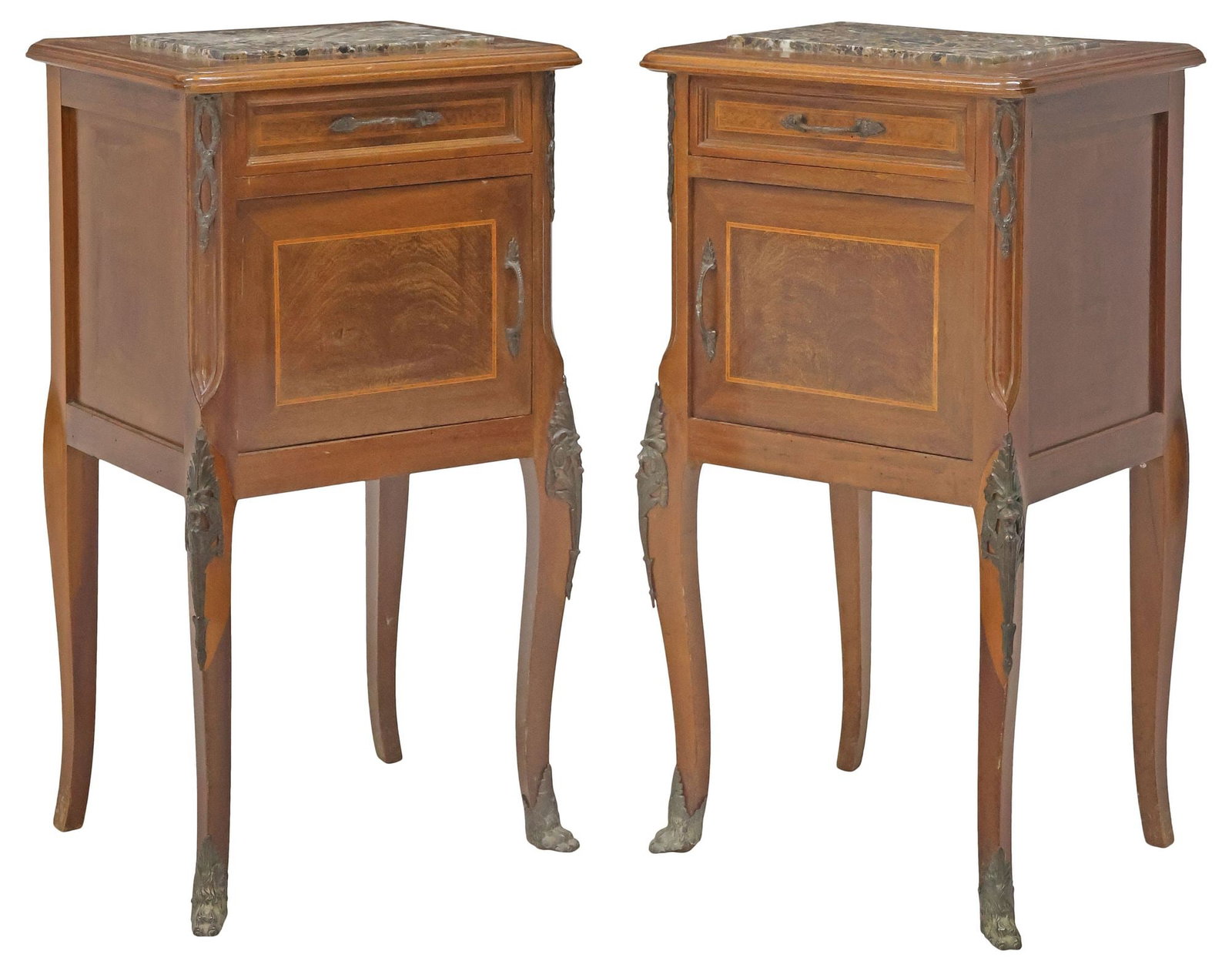 (2) FRENCH LOUIS XV STYLE MARBLE-INSET & INLAID MAHOGANY NIGHTSTANDS (1 of 7)