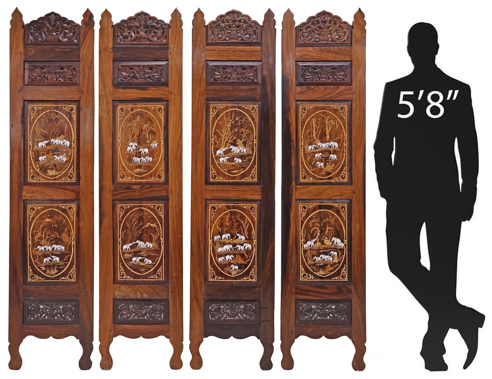 INLAID ROSEWOOD ELEPHANTS & PEACOCKS 4-PANEL SCREEN, INDIA, 71.5"H (1 of 7)