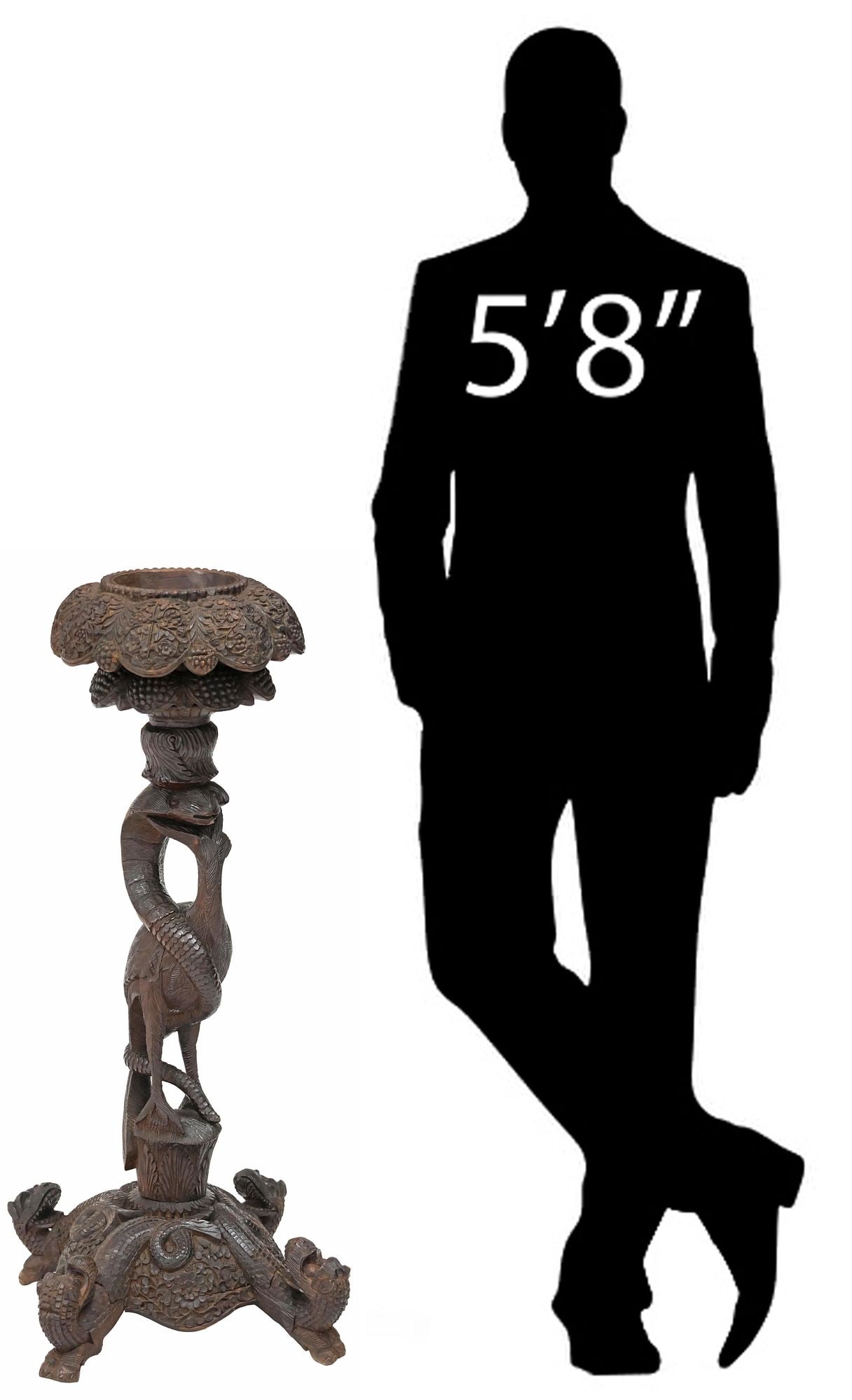 ANGLO-INDIAN HEAVILY CARVED FIGURAL STANDING JARDINIERE / PLANT STAND: Anglo-Indian carved hardwood standing jardiniere or plant stand, late 19th c., central basin encircled by beaded trim and densely carved grape vinery, raised on figural support modeled as an intertwin