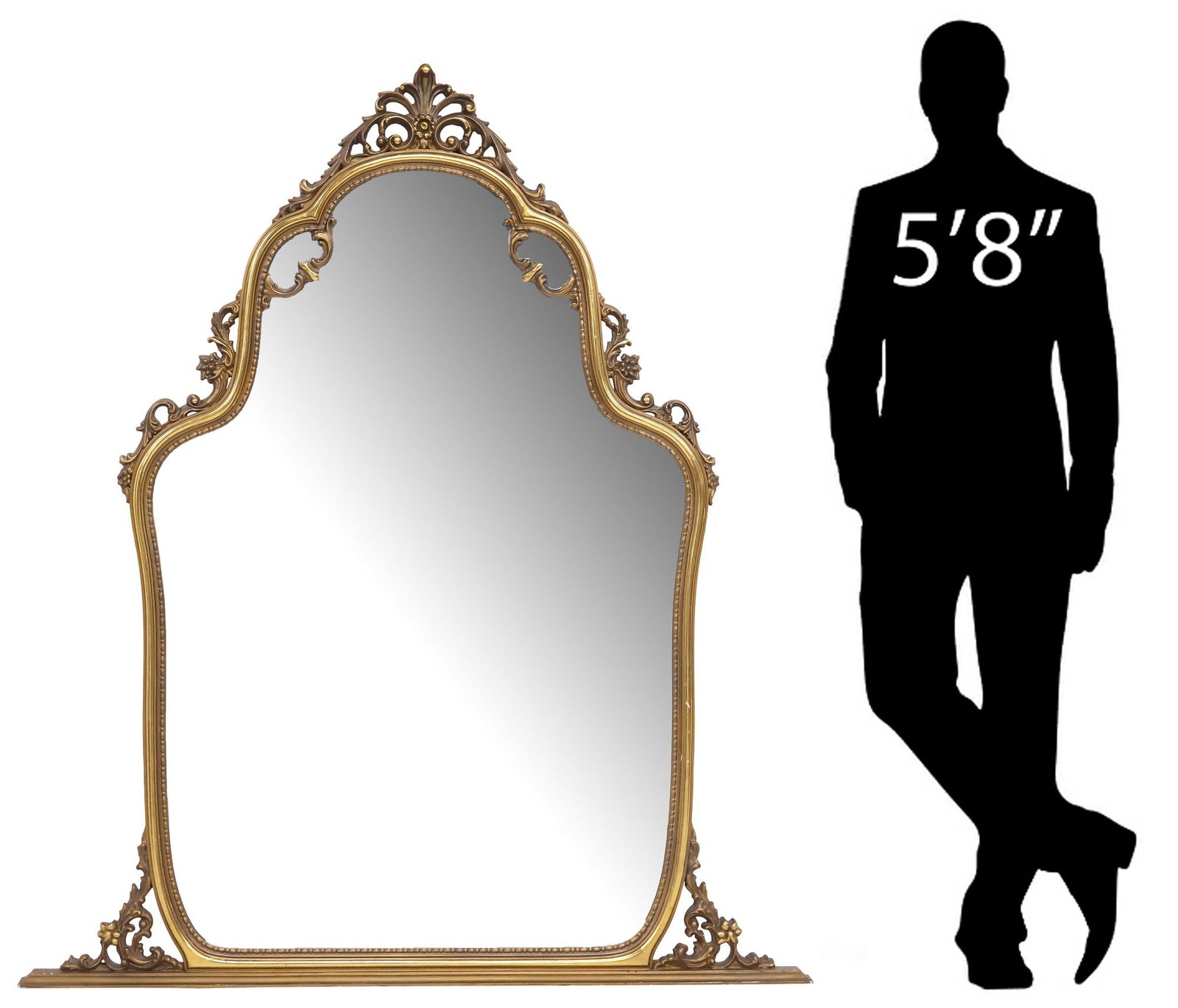 LARGE LOUIS XV STYLE GILTWOOD OVERMANTEL MIRROR, 65.5"H: Large Louis XV style giltwood overmantel mirror, 20th c., having fanned foliate crest with central floral blossom, over shaped frame with beaded trim, encasing flat mirror plate, approx 65.5"h, 5